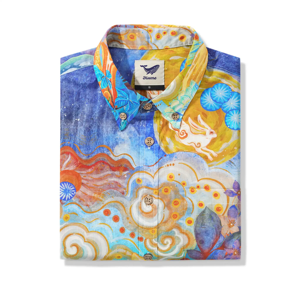 Yiume Men's Designer Hawaiian Shirt Cloud-wandering Koi Print Cotton Blue Aloha Shirt By Sylvia