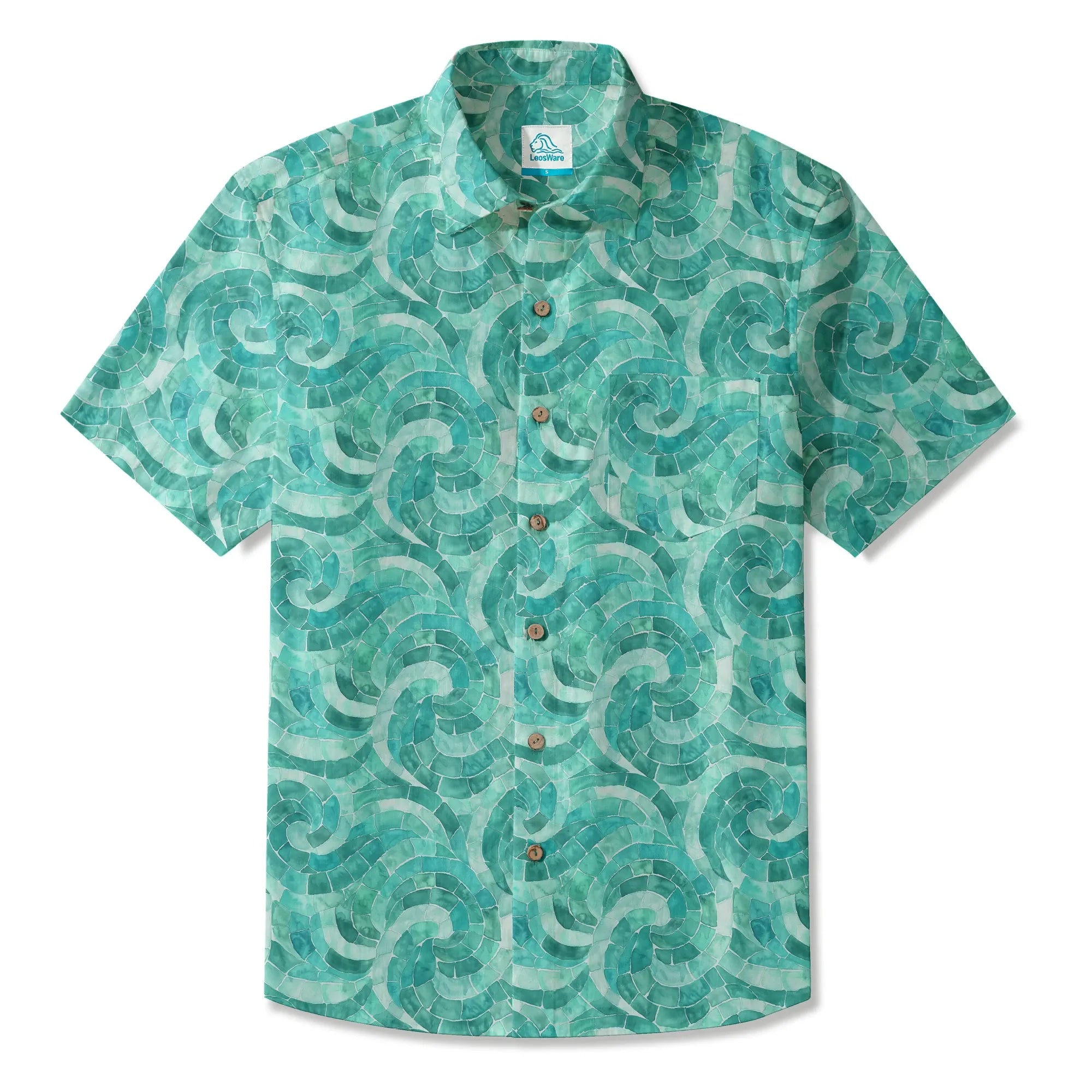 LeosWare® Men's Hawaiian Shirt Short Sleeve Button-up 100% Cotton Green Aloha Azure Seashell Whispers By Ann