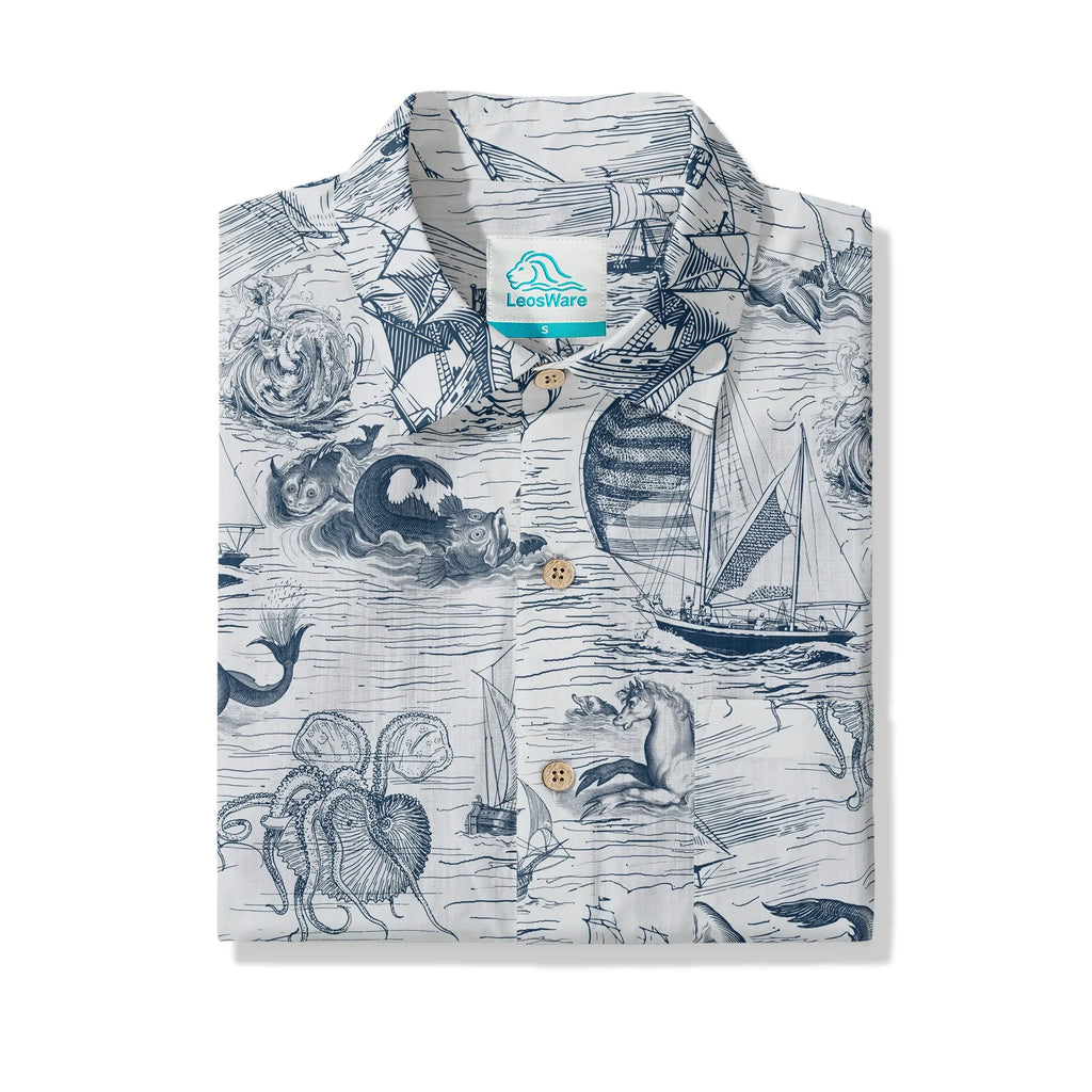 LeosWare® Myth Men's Hawaiian Shirt Short Sleeve Button-up 100% Cotton Blue Aloha Antiquity Sea Expedition By Ann