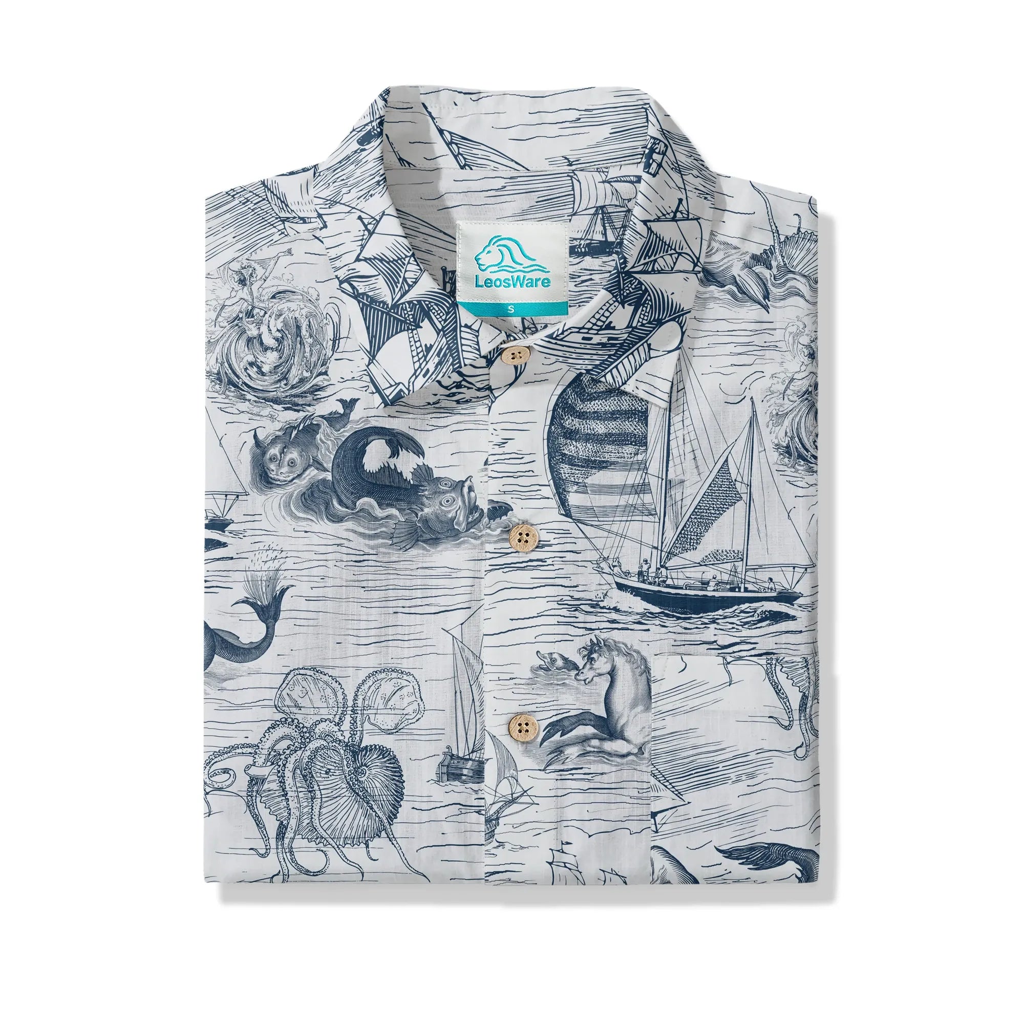 LeosWare® Myth Men's Hawaiian Shirt Short Sleeve Button-up 100% Cotton Blue Aloha Antiquity Sea Expedition By Ann