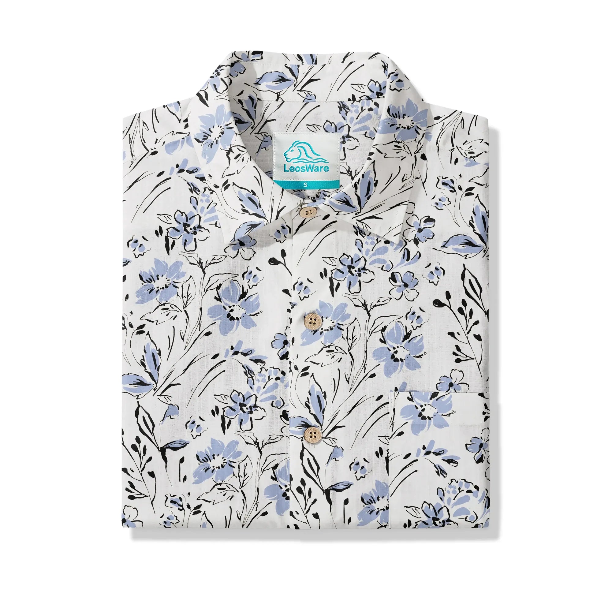 LeosWare® Men's Hawaiian Shirt Short Sleeve Button-up 100% Cotton Blue Aloha Graceful Sky Flowers By Huan huan