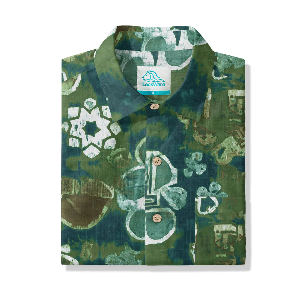 LeosWare® Men's Hawaiian Shirt Short Sleeve Button-up 100% Cotton Green Aloha Indigo Dyed Wax Flower By Ann
