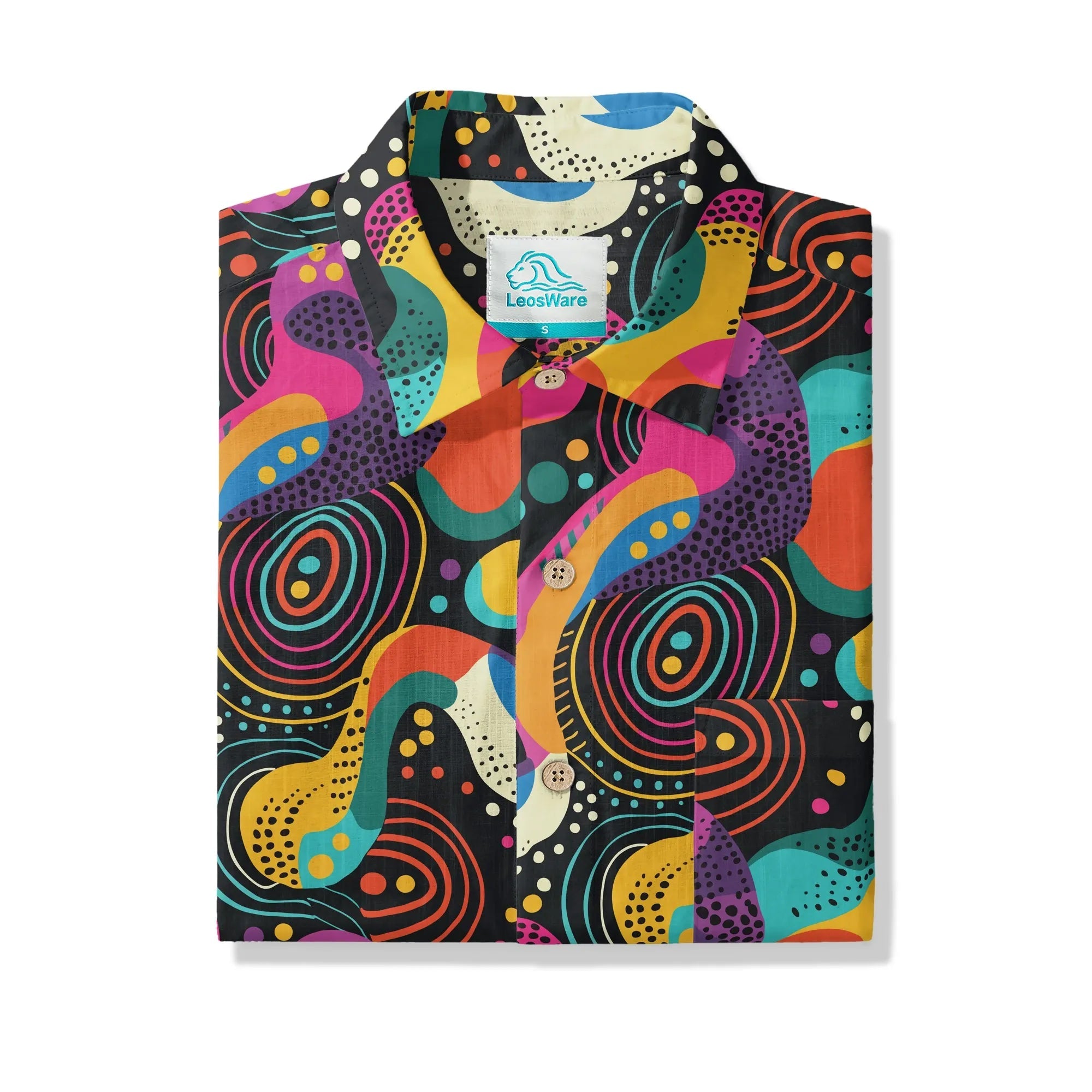 Chemise hawaïenne pour hommes LeosWare® à manches courtes avec boutons 100 % coton noire Aloha Neon Pop Fantasia par Ann