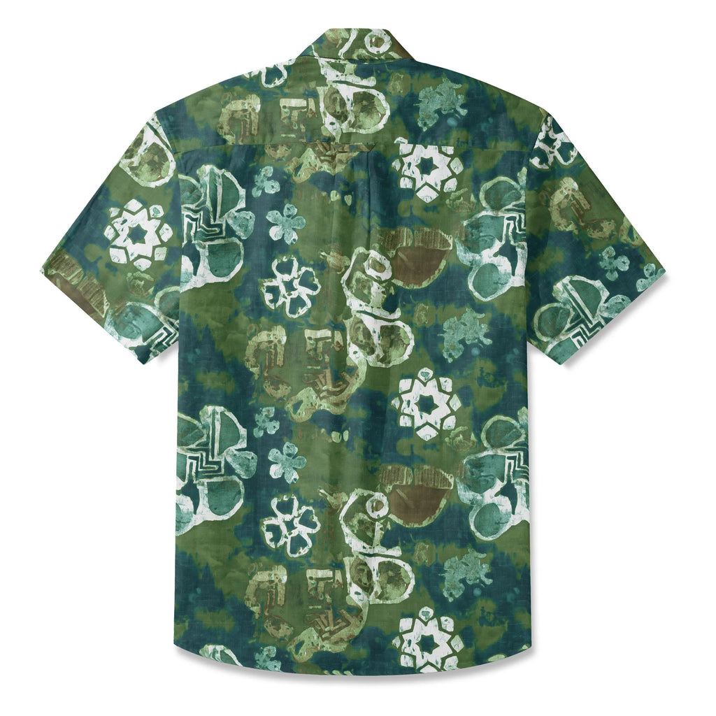 LeosWare® Men's Hawaiian Shirt Short Sleeve Button-up 100% Cotton Green Aloha Indigo Dyed Wax Flower By Ann