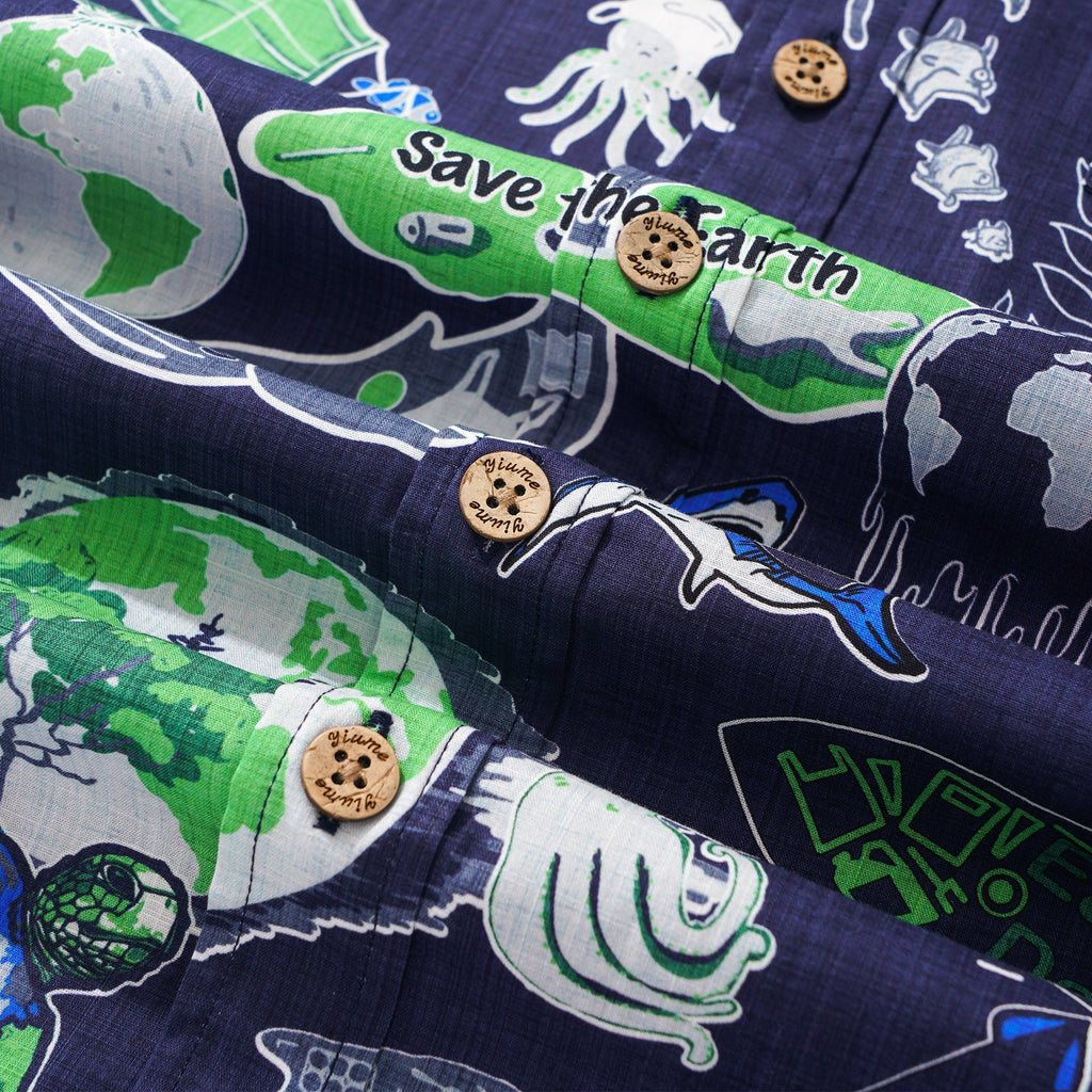 Men's Hawaiian Shirt Short Sleeve Button-down 100% Cotton Aloha Save Earth By Yana
