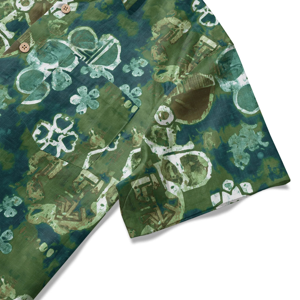 LeosWare® Men's Hawaiian Shirt Short Sleeve Button-up 100% Cotton Green Aloha Indigo Dyed Wax Flower By Ann