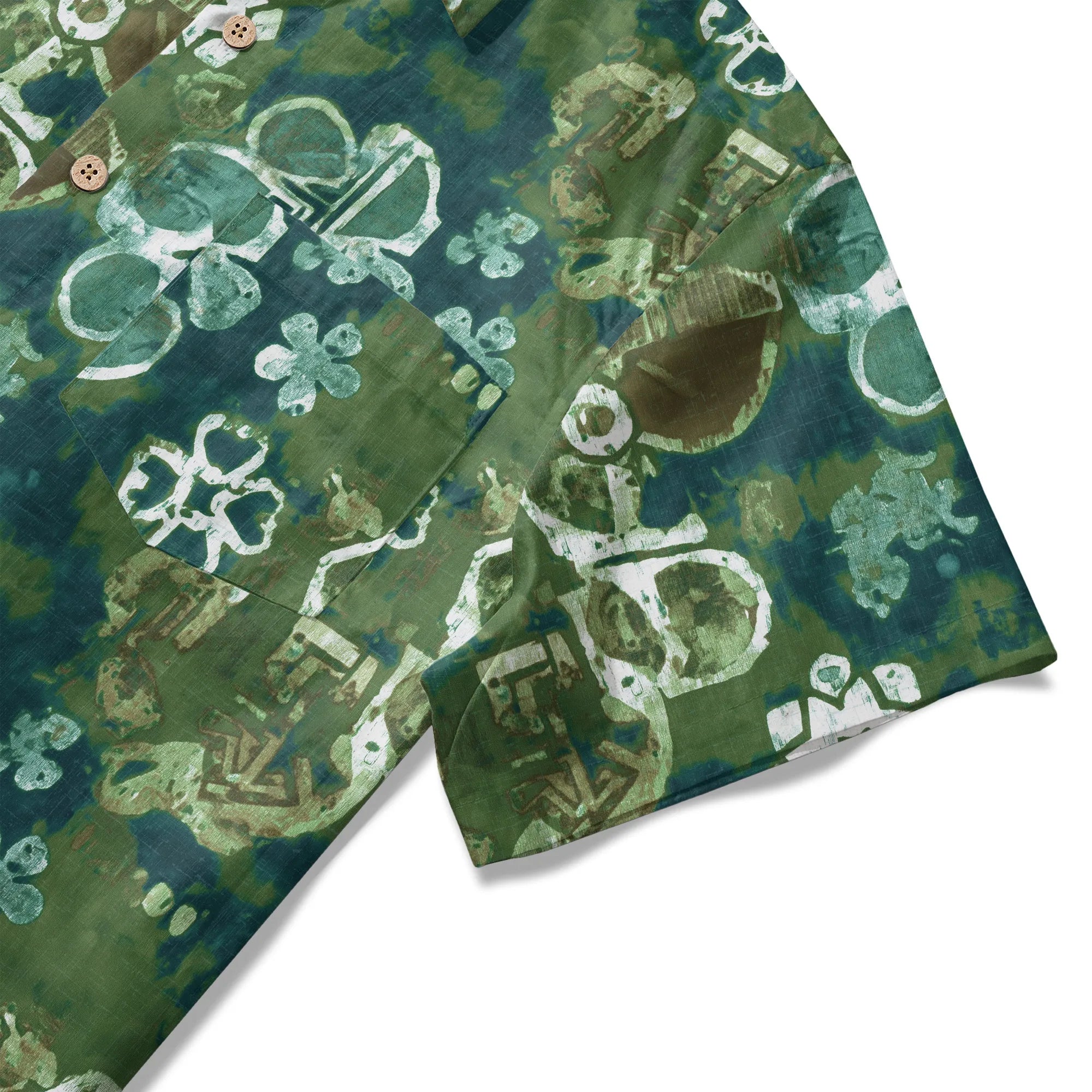 LeosWare® Men's Hawaiian Shirt Short Sleeve Button-up 100% Cotton Green Aloha Indigo Dyed Wax Flower By Ann