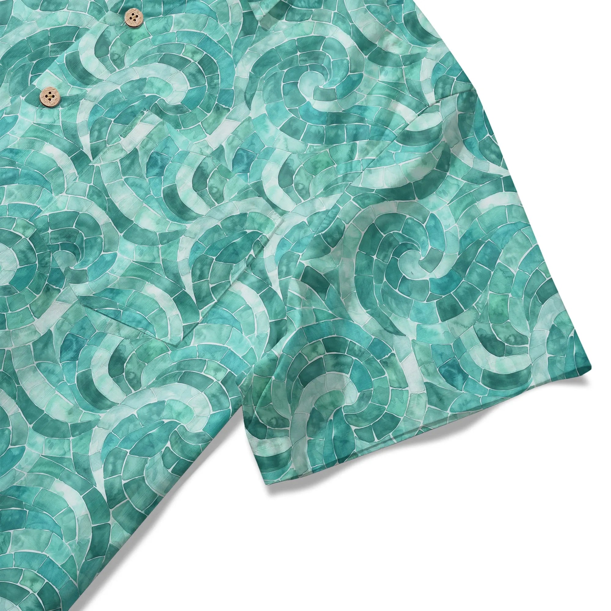 LeosWare® Men's Hawaiian Shirt Short Sleeve Button-up 100% Cotton Green Aloha Azure Seashell Whispers By Ann