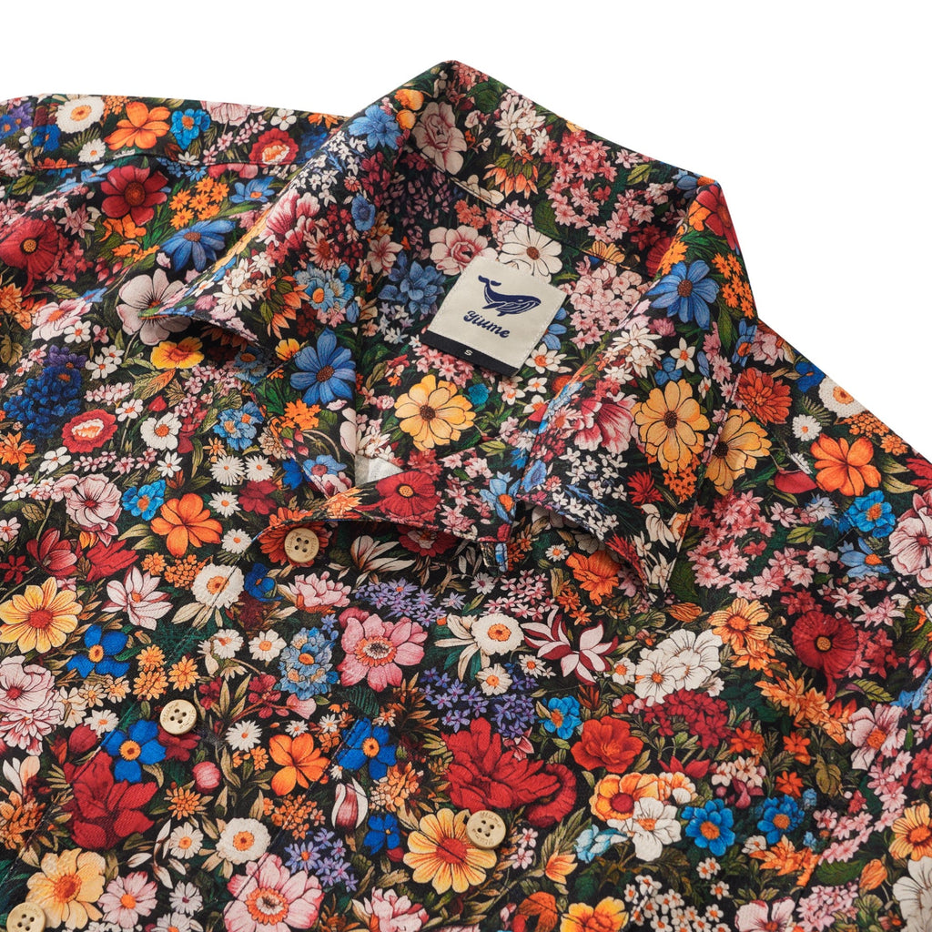 100% Silk Men's Hawaiian Shirt Short Sleeve Camp Collar 100% Silk Blue Aloha Among The Flowers By Yakima