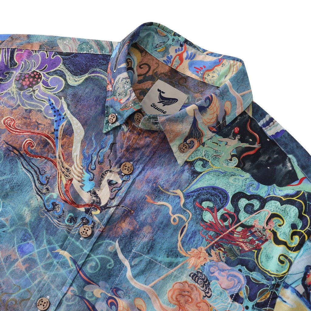 Cotton Hawaiian Shirt For Men Dreamland Art Button-down Short Sleeve Shirt By Mo