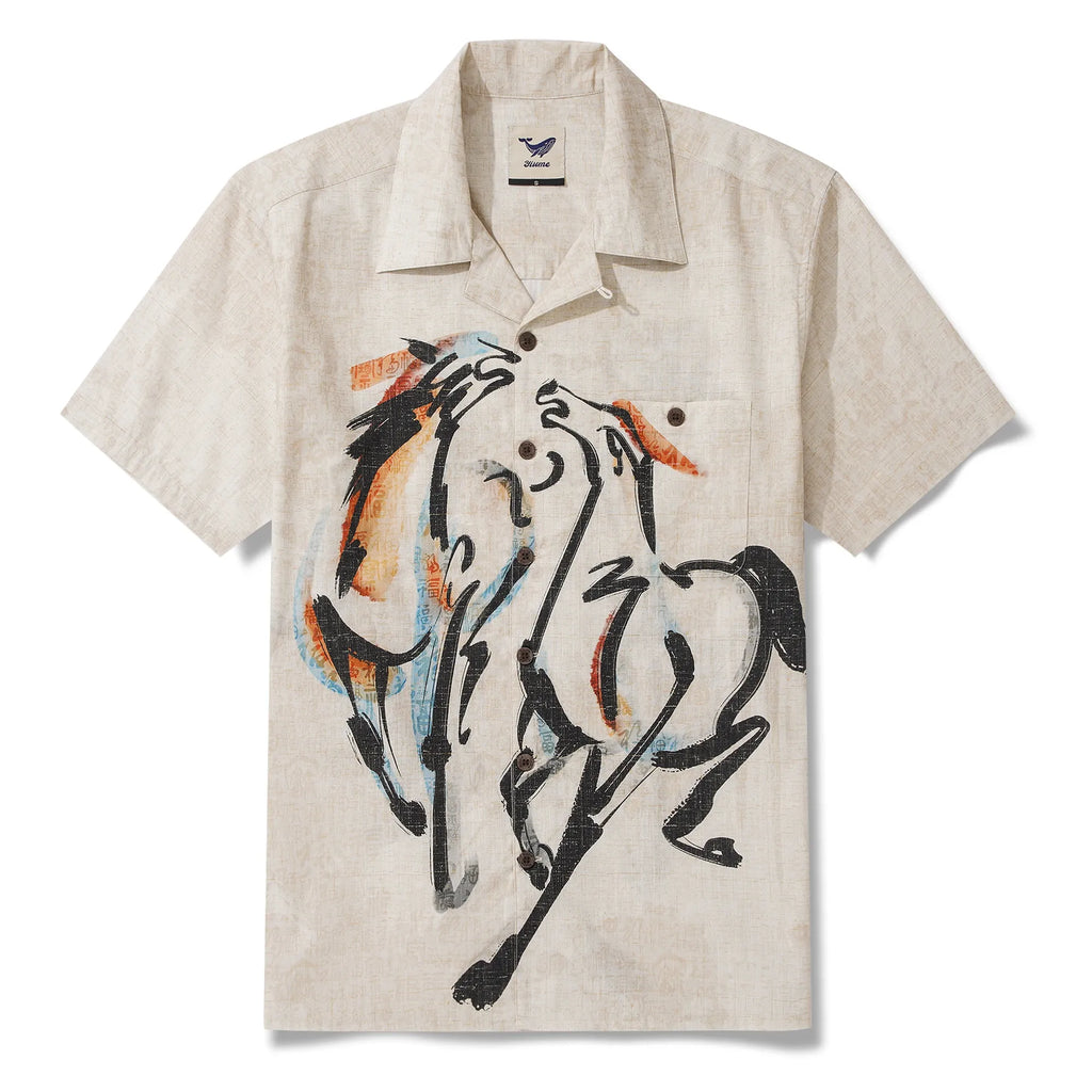 Men's Hawaiian Shirt Short Sleeve Camp Collar 100% Cotton Beige Aloha Horse Fortunate Gallop Year of the Horse 2026 By Huan huan