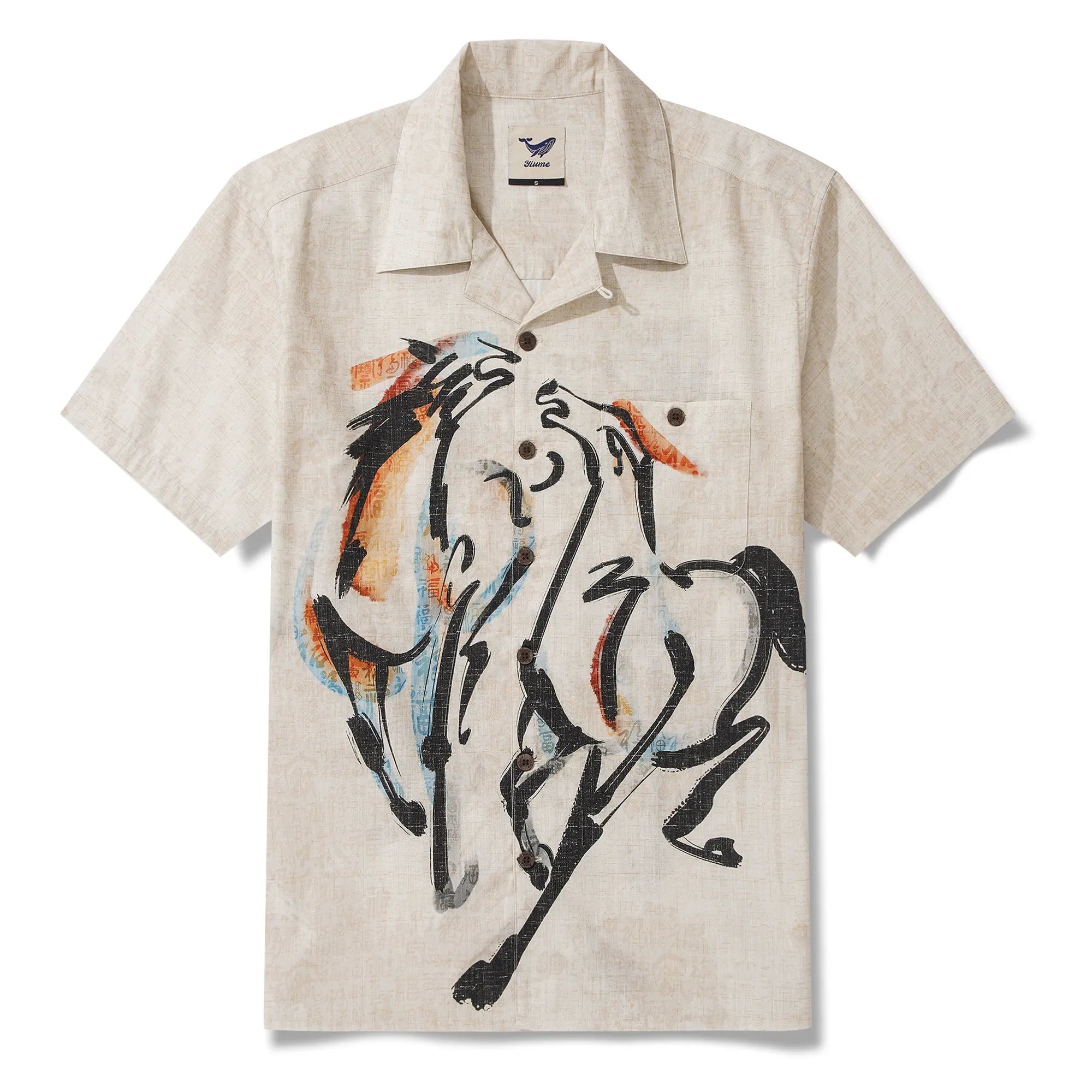 Men's Hawaiian Shirt Short Sleeve Camp Collar 100% Cotton Beige Aloha Horse Fortunate Gallop Year of the Horse 2026 By Huan huan