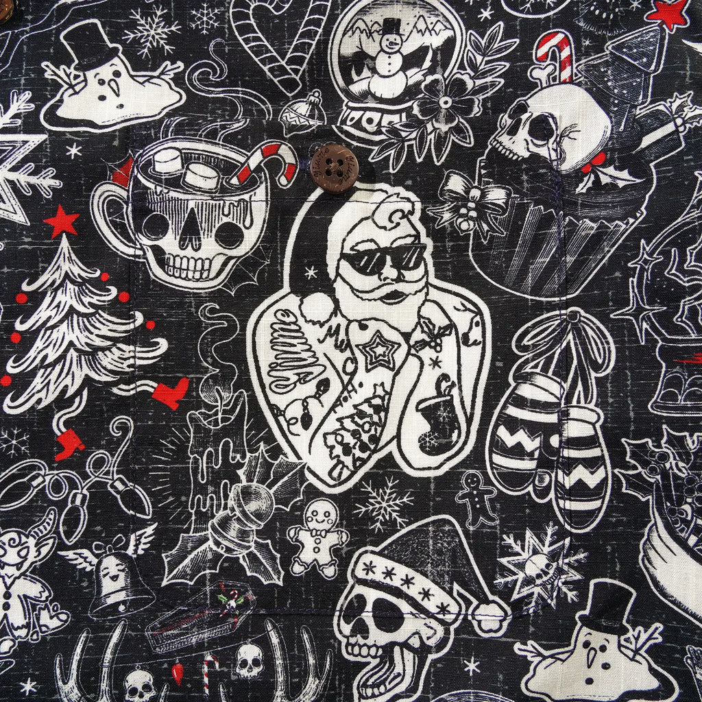 Christmas Gift Men's Hawaiian Shirt Short Sleeve Camp Collar 100% Cotton Black Aloha Christmas Party By Mo