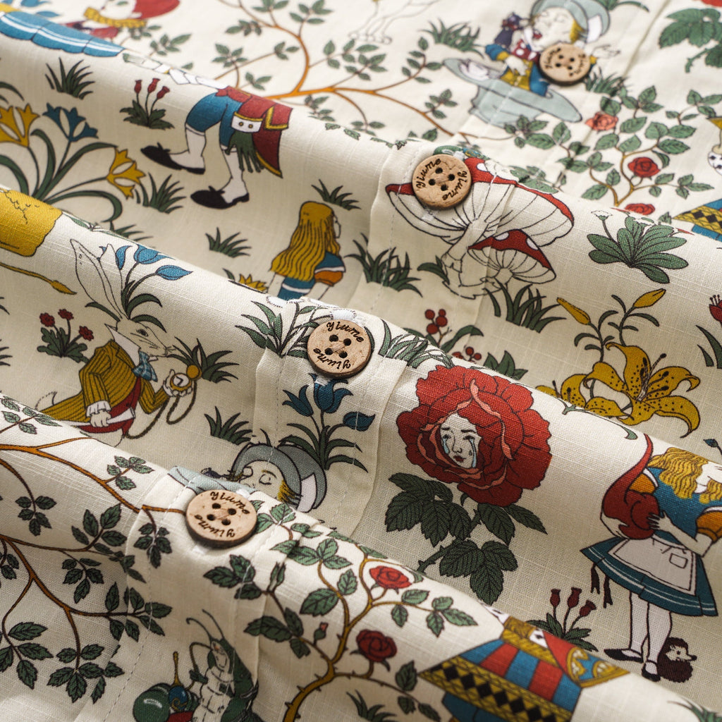 Men's Hawaiian Shirt Short Sleeve Button-down 100% Cotton Beige Aloha Alice's Wonderland By Zeke