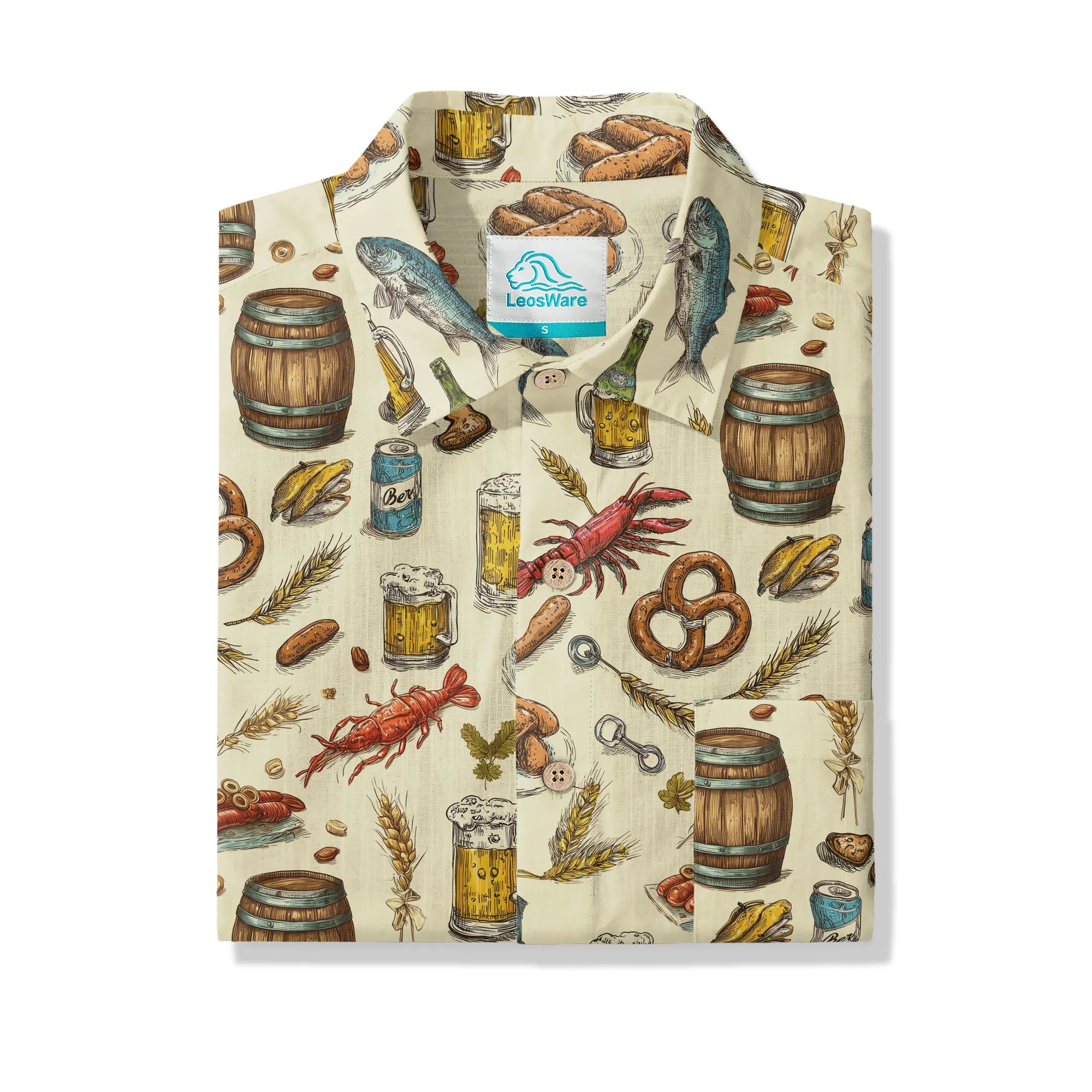 LeosWare® Men's Hawaiian Shirt Short Sleeve Button-up 100% Cotton Beige Aloha Taste Of The Beer Festival By Ann