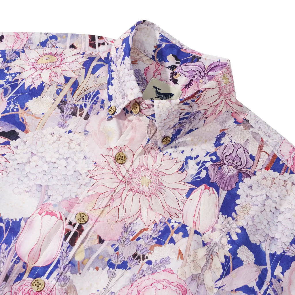 Men's Hawaiian Shirt Short Sleeve Button-down 100% Cotton Blue Aloha Hidden Garden By Huan huan