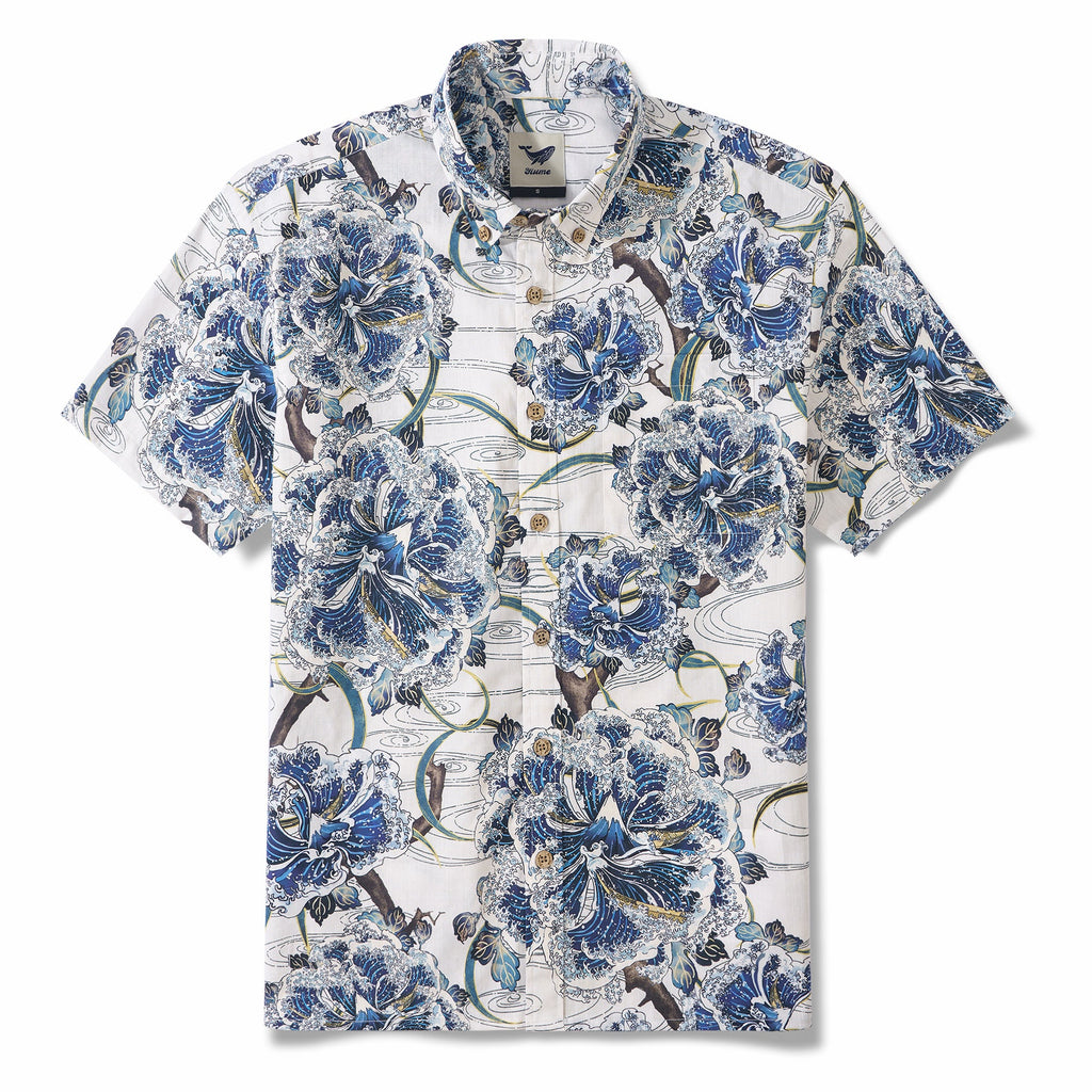 Ocean Waves on Branches 100% Cotton Men's Short Sleeve Button-down collar Shirt White Aloha Hawaiian By Sun