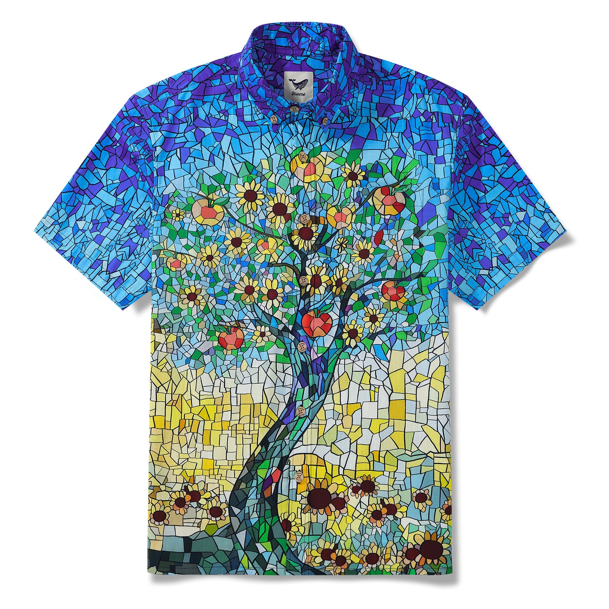 Men’s Blue Hawaiian Shirt – Orchard & Stained Glass Print 100% Cotton Short Sleeve Aloha Shirt By Yakima
