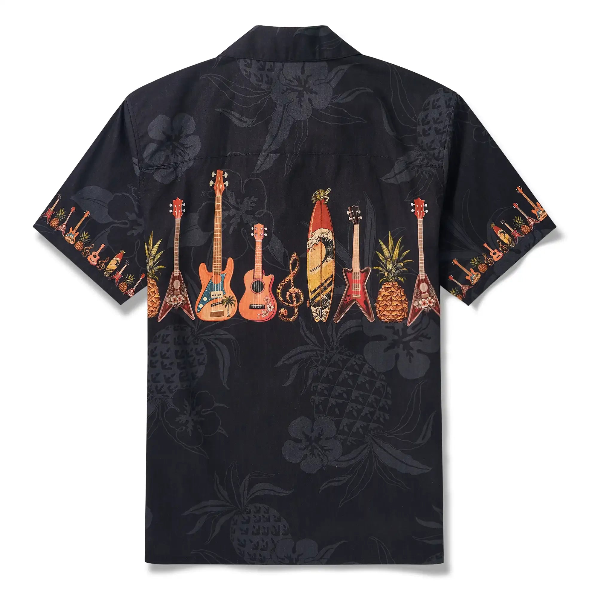 Music Men's Hawaiian Shirt Short Sleeve Camp Collar 100% Cotton Black Aloha Island Serenade By Mo