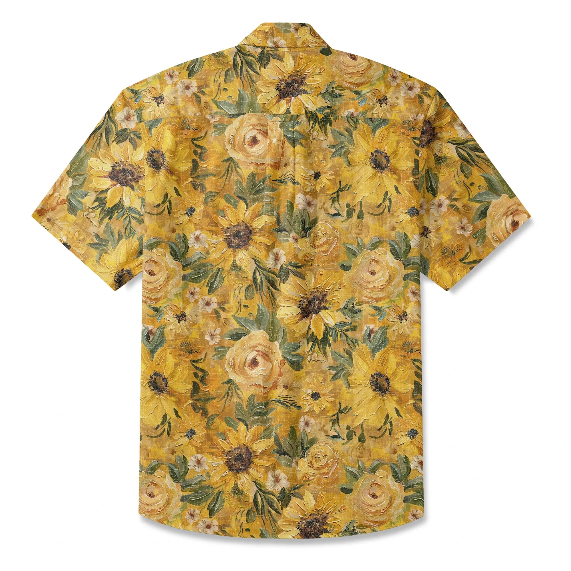 LeosWare® Men's Hawaiian Shirt Short Sleeve Button-up 100% Cotton Yellow Aloha Golden Sunflower Warmth By Ann