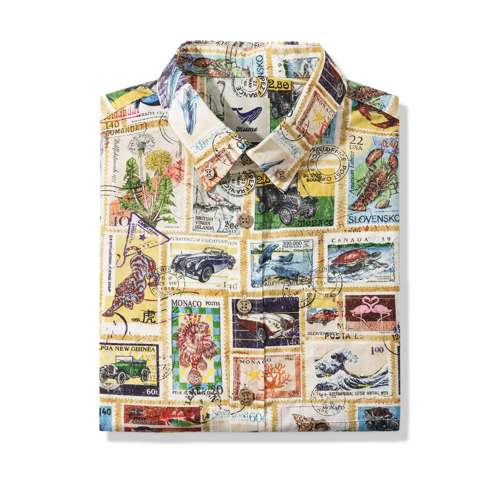 Men's Hawaiian Shirt Short Sleeve Button-down 100% Cotton White Aloha Nautical Vintage Car Postage Stamp Collage By Huan huan