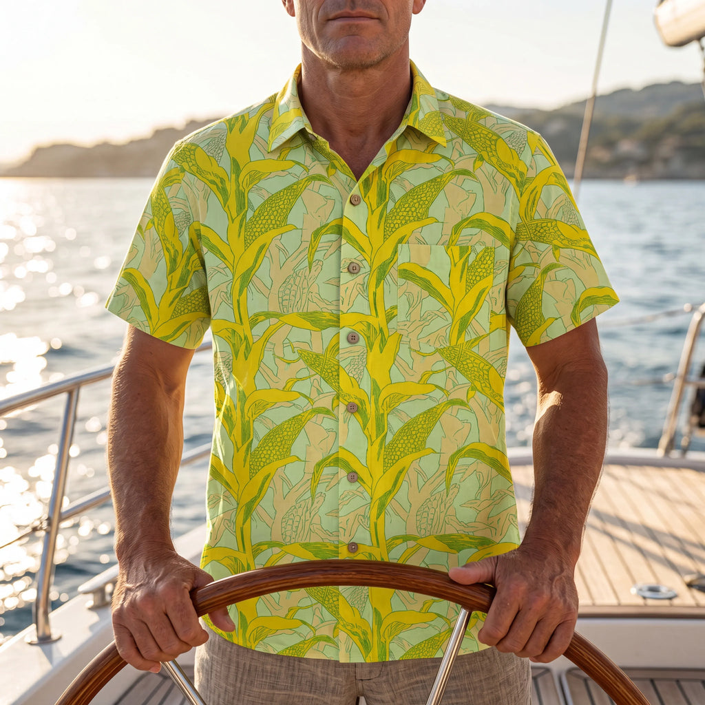 LeosWare® Men's Hawaiian Shirt Short Sleeve Button-up 100% Cotton Yellow Aloha Golden Summer Harvest By Ann