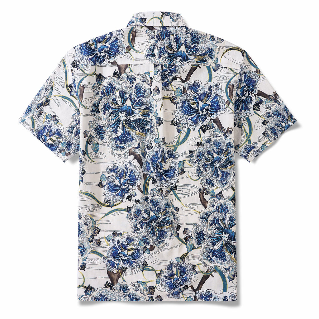 Ocean Waves on Branches 100% Cotton Men's Short Sleeve Button-down collar Shirt White Aloha Hawaiian By Sun