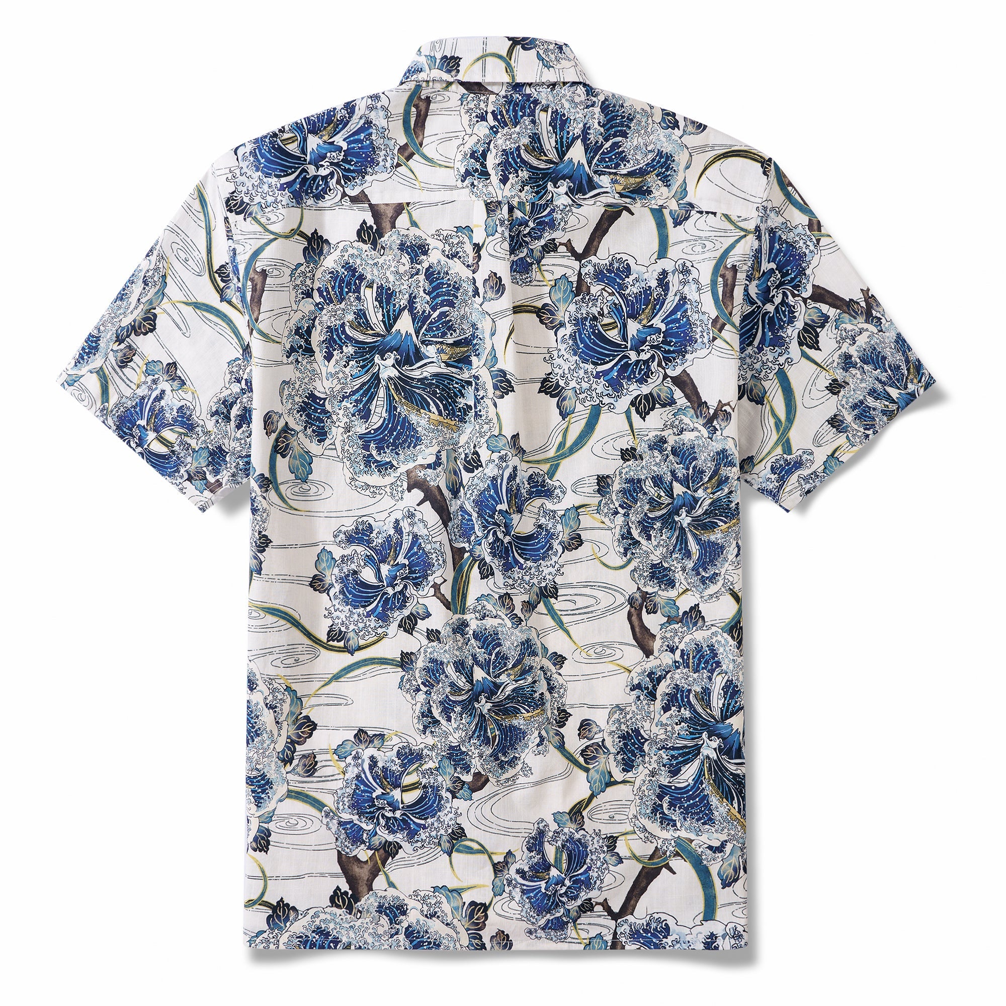 Ocean Waves on Branches 100% Cotton Men's Short Sleeve Button-down collar Shirt White Aloha Hawaiian By Sun