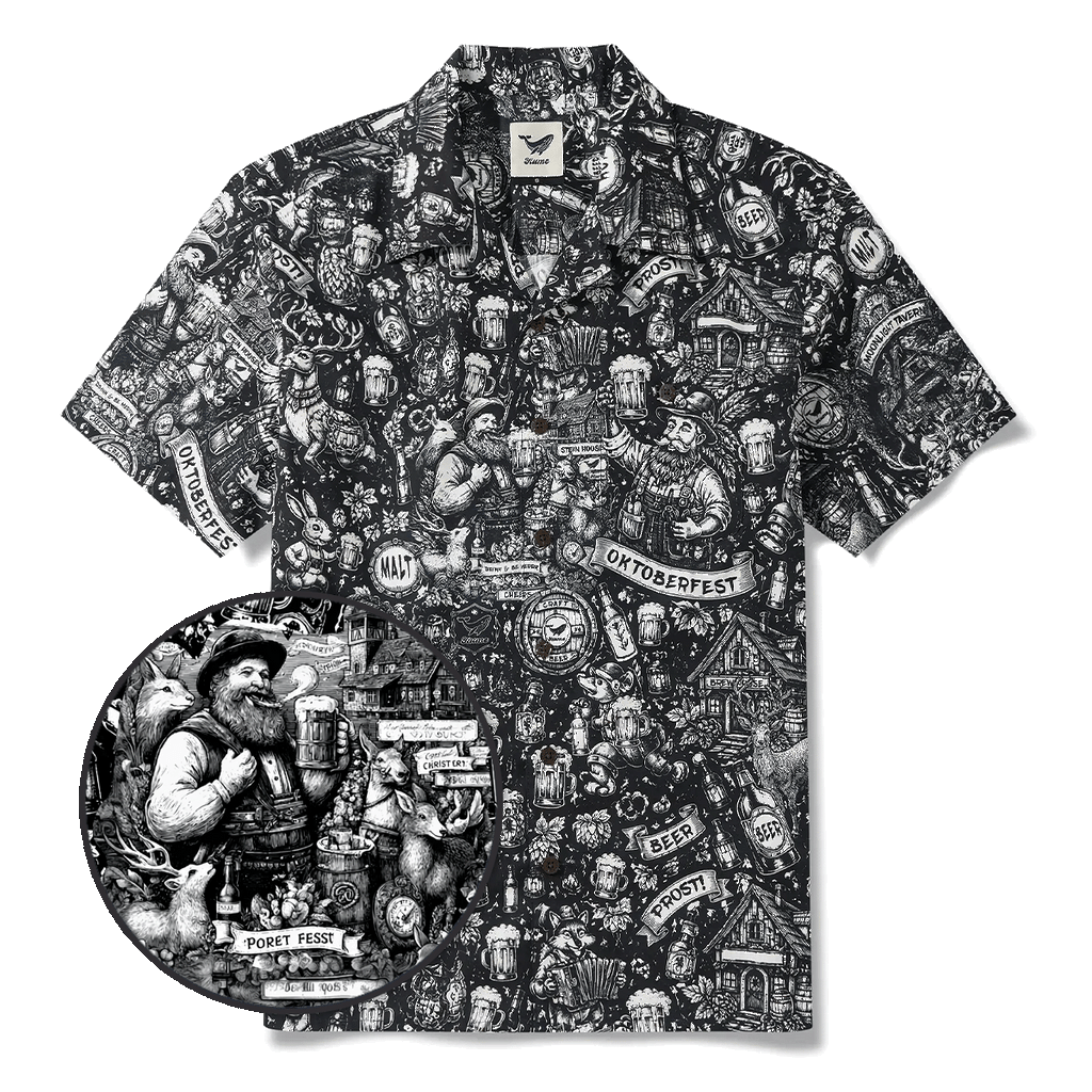 Men's Hawaiian Shirt Short Sleeve Camp Collar 100% Cotton Black Aloha Tavern Revelry Night By DUDU