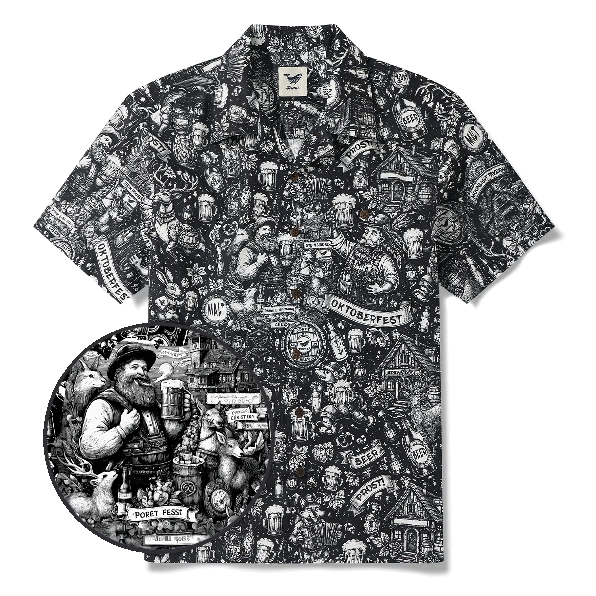 Men's Hawaiian Shirt Short Sleeve Camp Collar 100% Cotton Black Aloha Tavern Revelry Night By DUDU