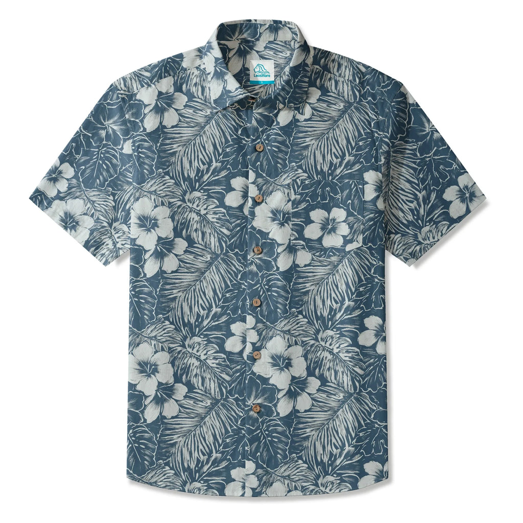 LeosWare® Hibiscus Flower Men's Hawaiian Shirt Short Sleeve Button-up 100% Cotton Blue Aloha Blue Ink Flower Shadows By Ann