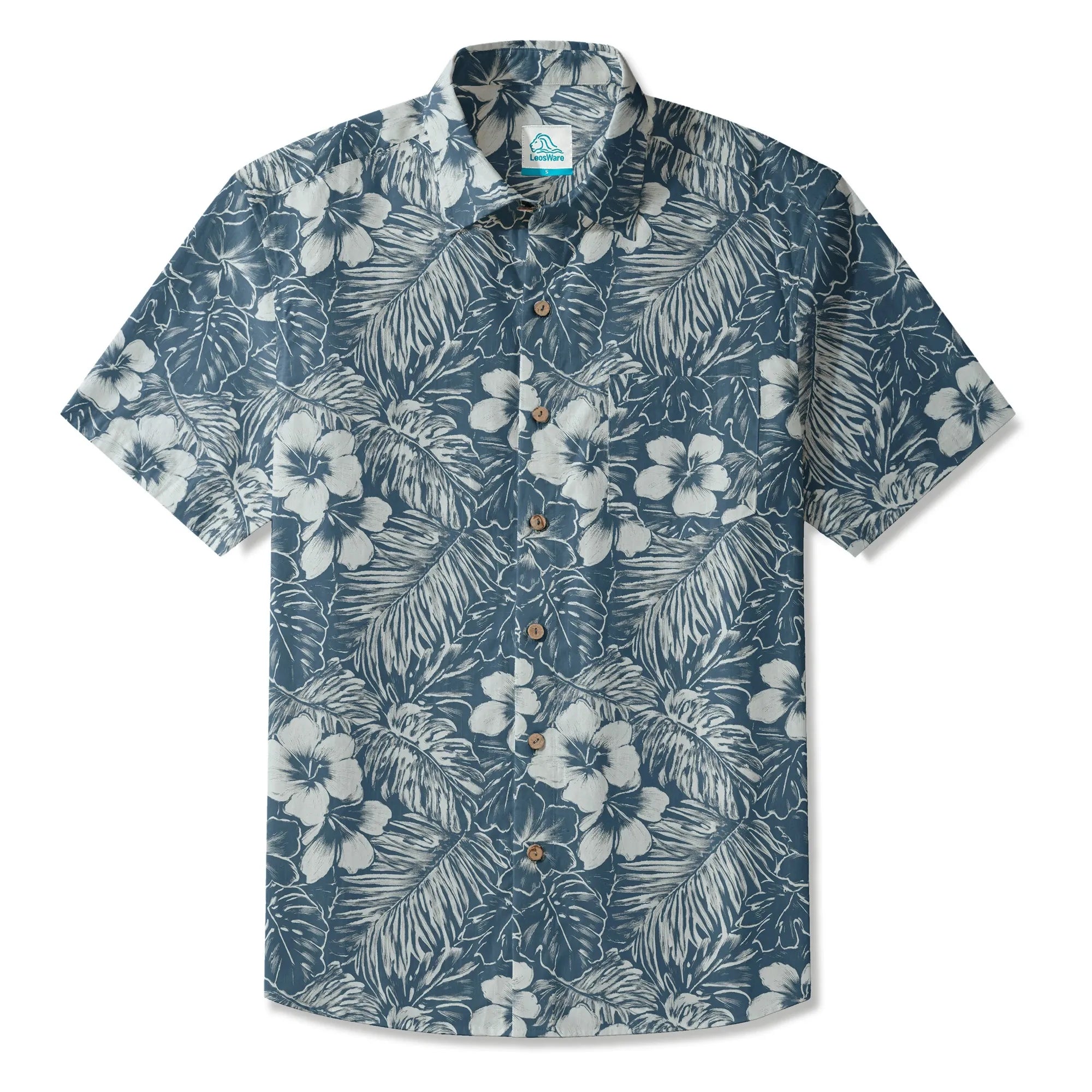 LeosWare® Hibiscus Flower Men's Hawaiian Shirt Short Sleeve Button-up 100% Cotton Blue Aloha Blue Ink Flower Shadows By Ann