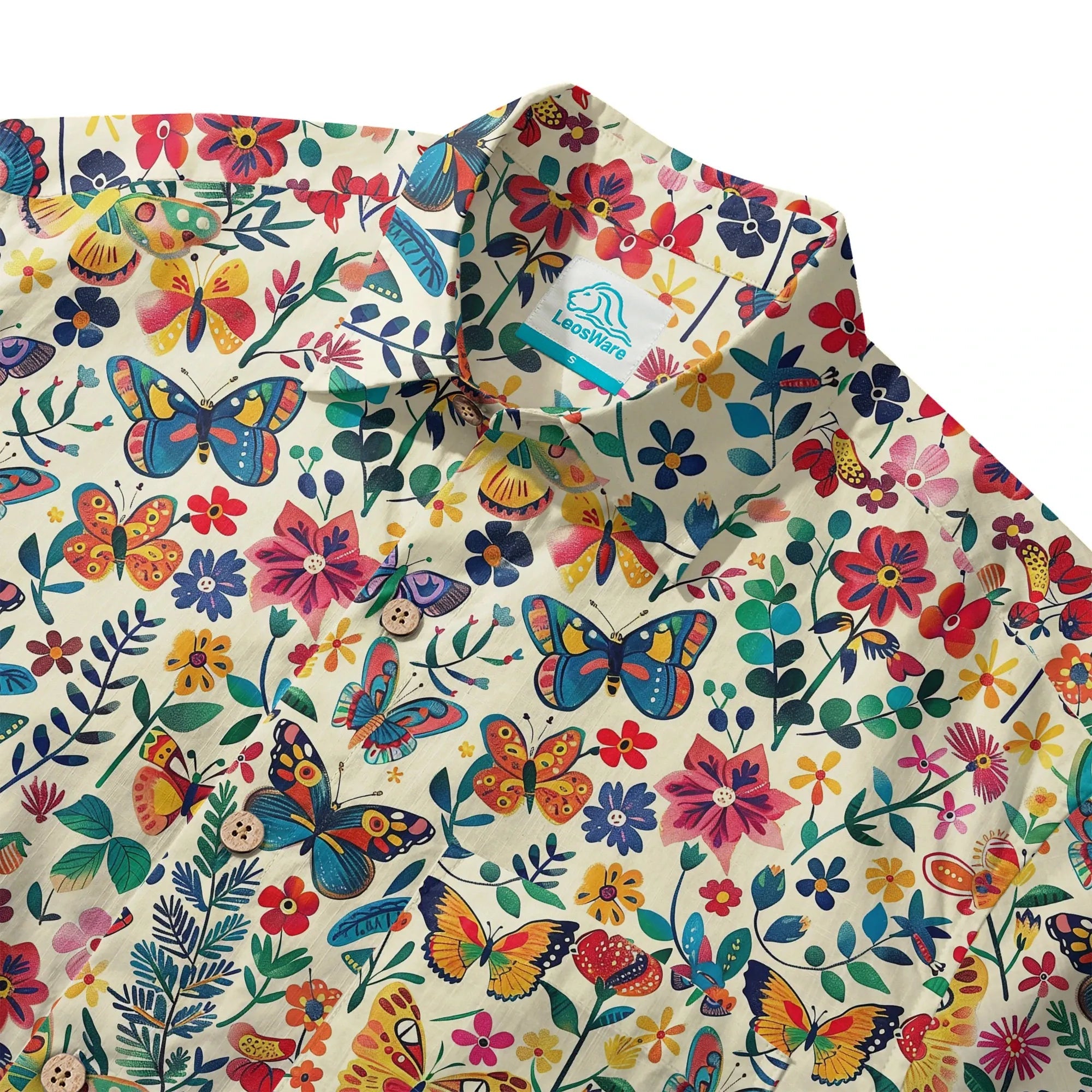 Chemise hawaïenne pour hommes LeosWare® à manches courtes avec boutons 100 % coton beige Aloha Butterflies Whispers In Full Bloom par Ann