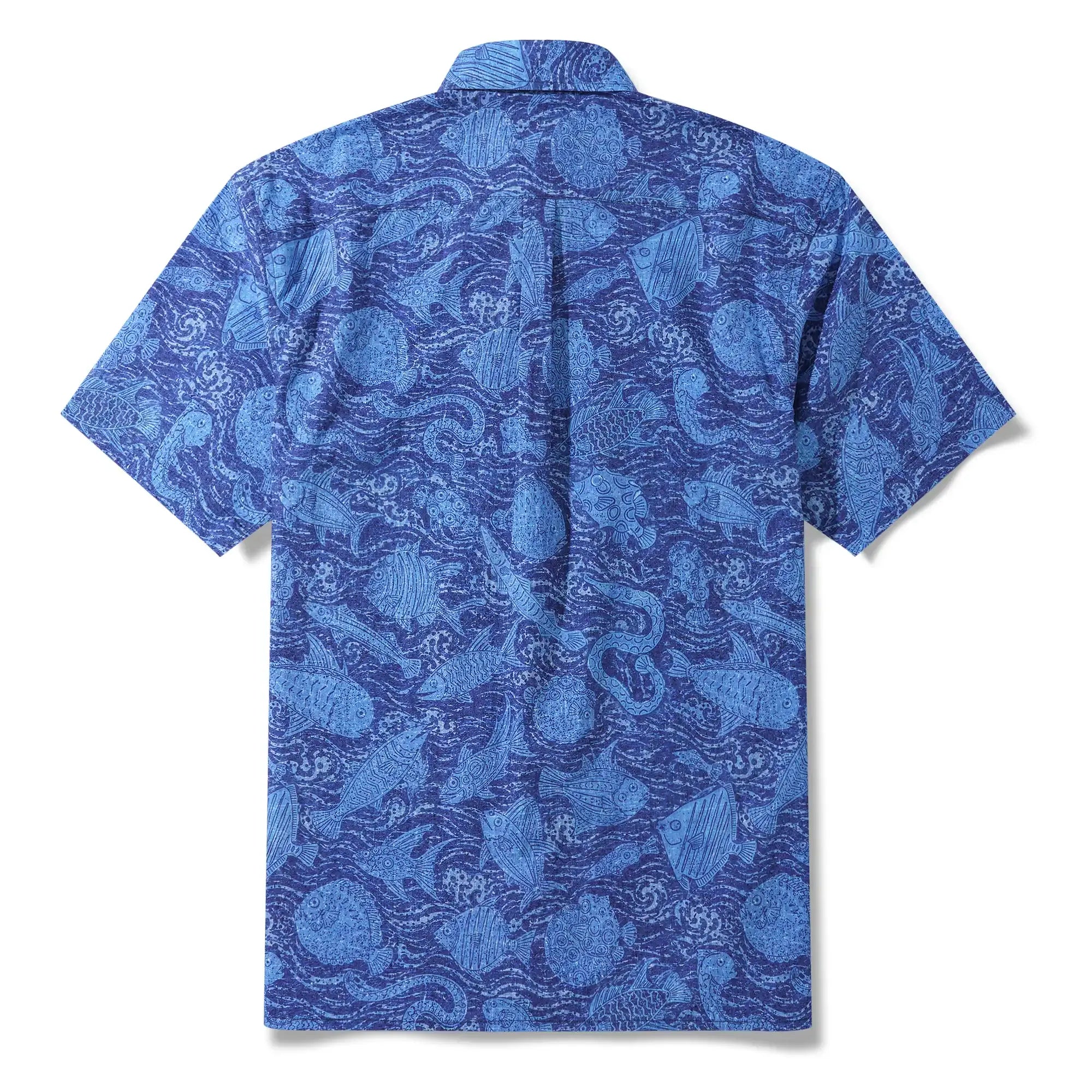 Men's Hawaiian Shirt Short Sleeve Button-down 100% Cotton Blue Aloha Indigo School Of Fish By Huan huan