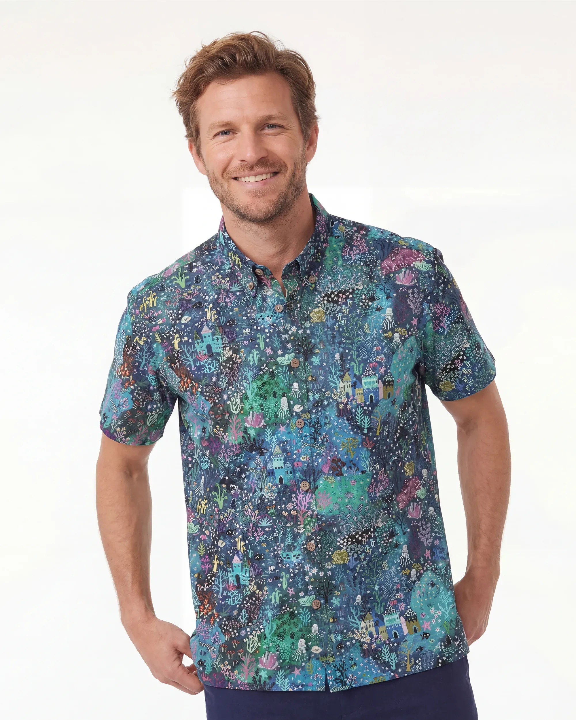 Men's Hawaiian Shirt Short Sleeve Button-down 100% Cotton Blue Aloha Enchanted Underwater World By Mo
