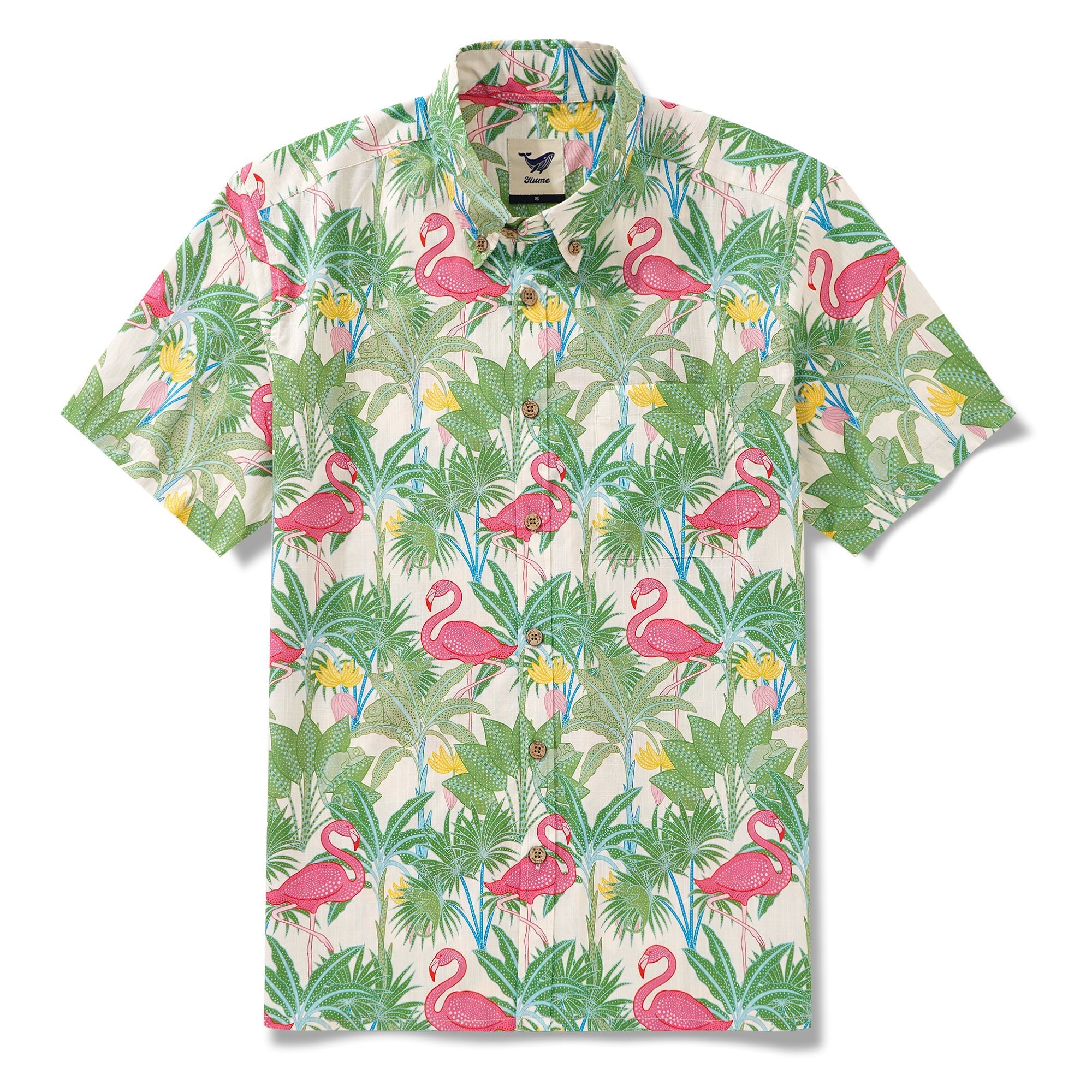 Chemise hawaïenne masculine bouton à manches courtes 100% coton beige alloha flamants et caméléons par house of haricot
