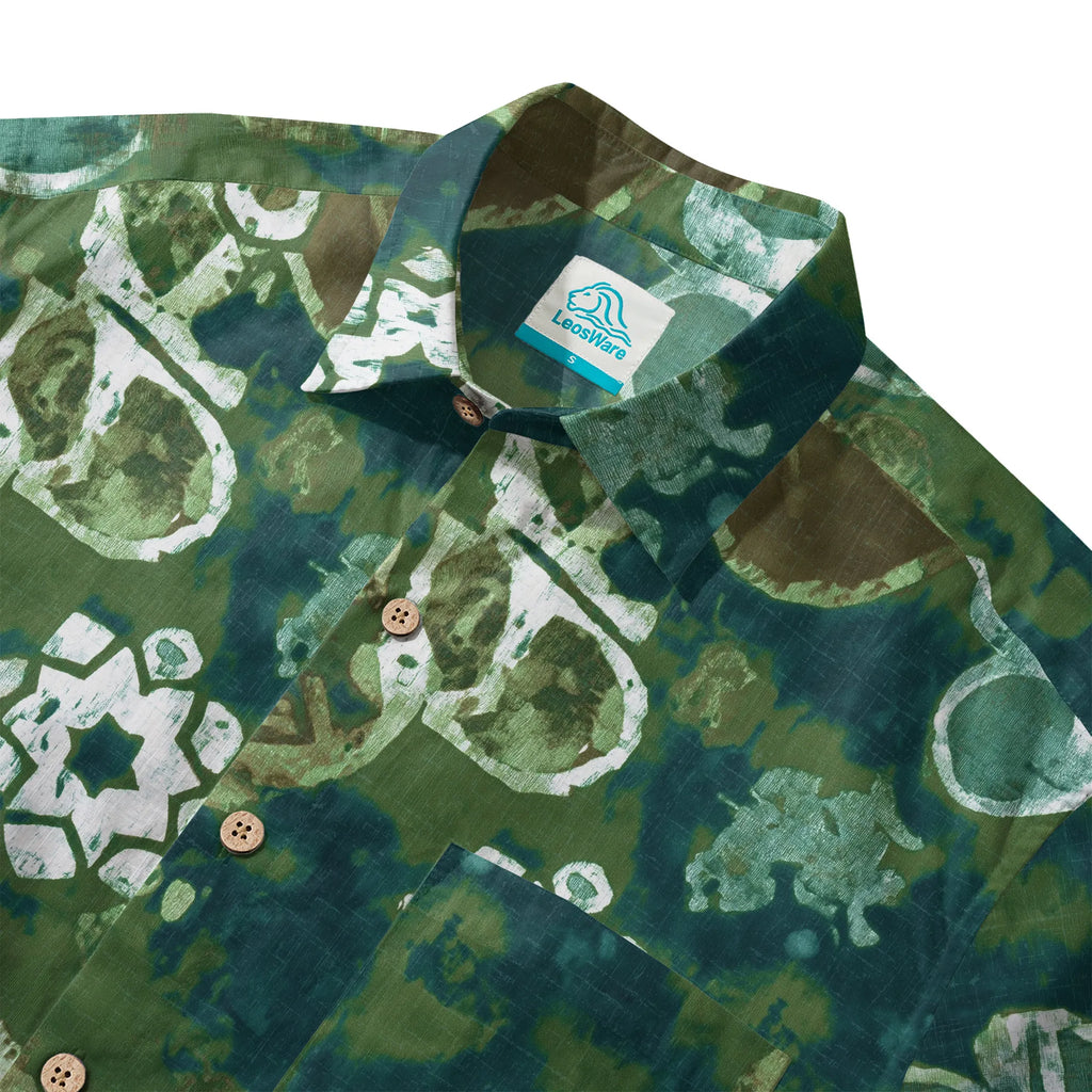 LeosWare® Men's Hawaiian Shirt Short Sleeve Button-up 100% Cotton Green Aloha Indigo Dyed Wax Flower By Ann