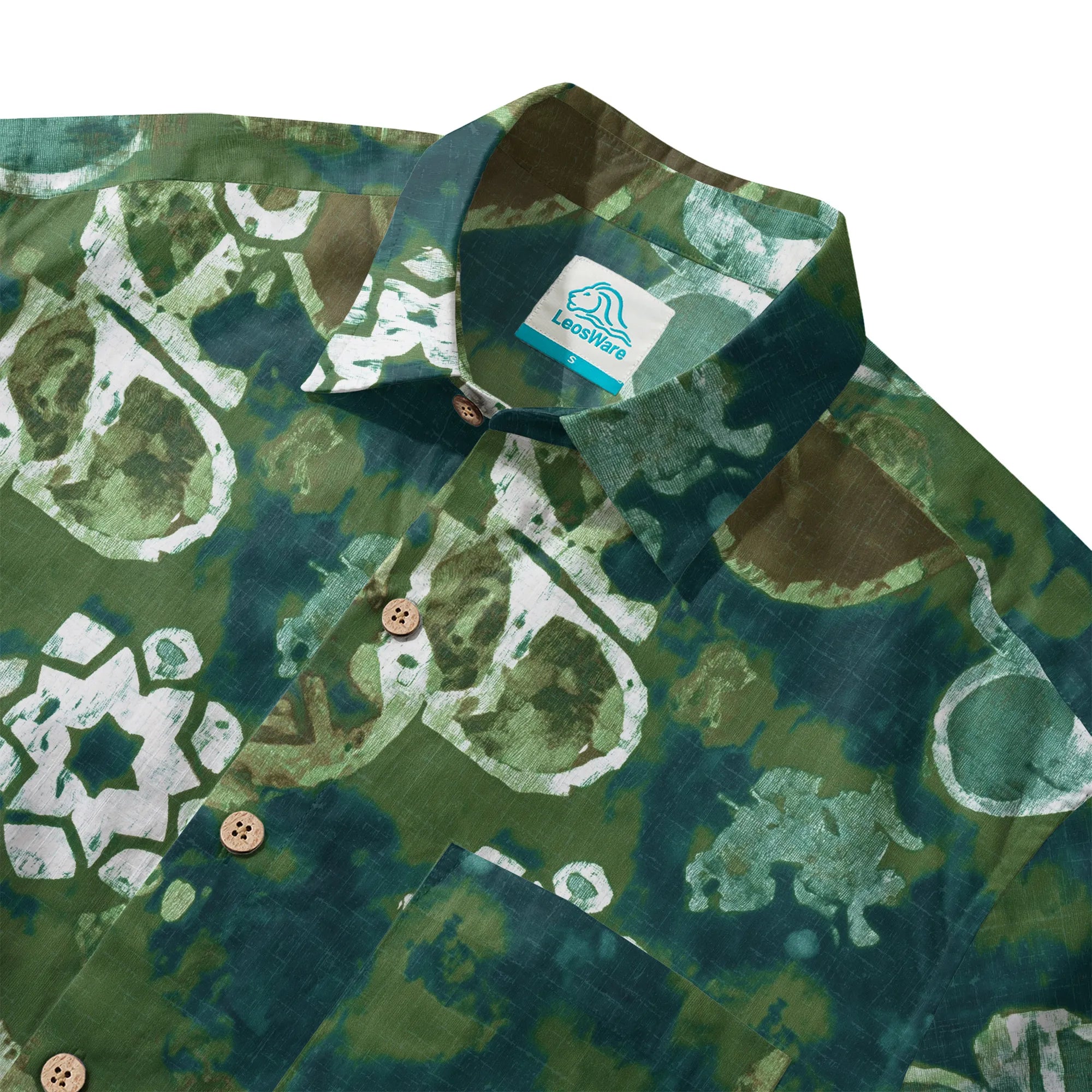 LeosWare® Men's Hawaiian Shirt Short Sleeve Button-up 100% Cotton Green Aloha Indigo Dyed Wax Flower By Ann