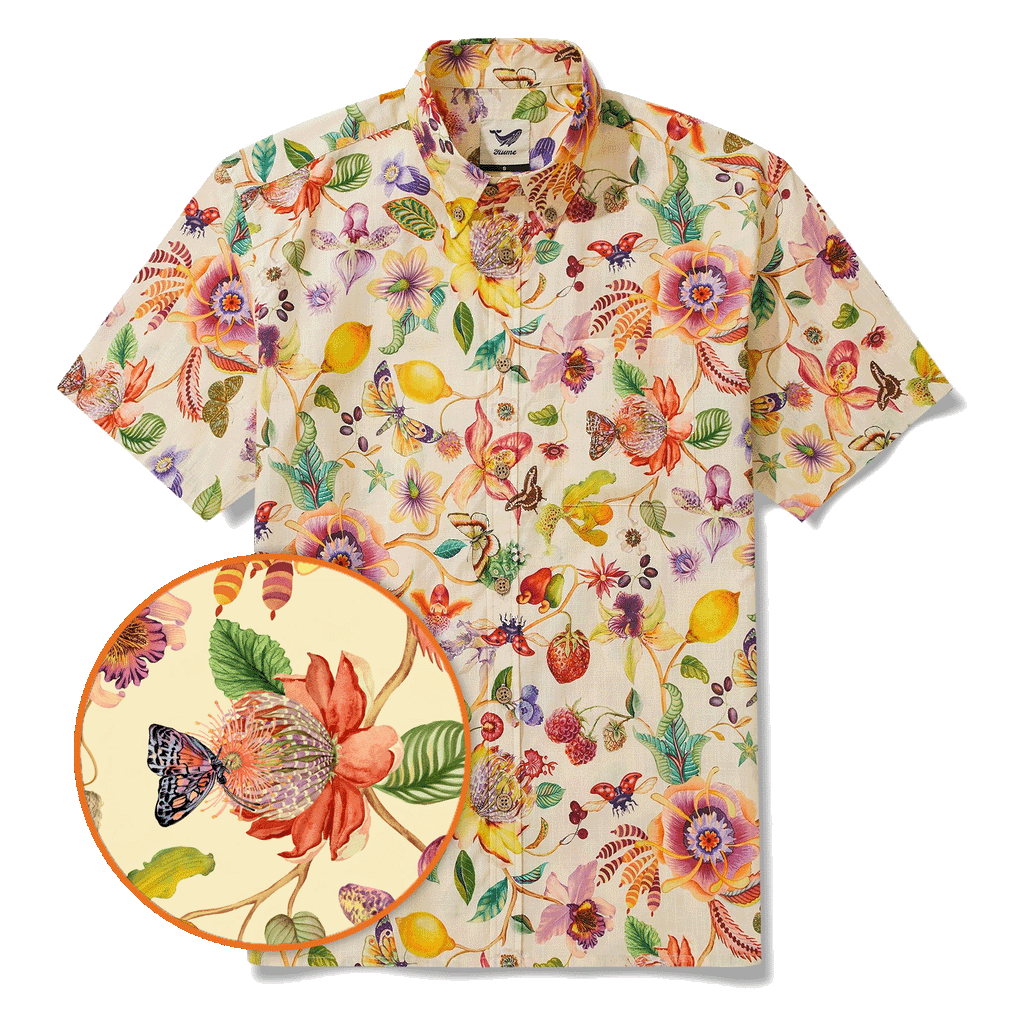 Chemise hawaïenne pour homme à manches courtes, boutonnée, 100 % coton beige Aloha Dreams Of An Exotic Garden par Huan huan