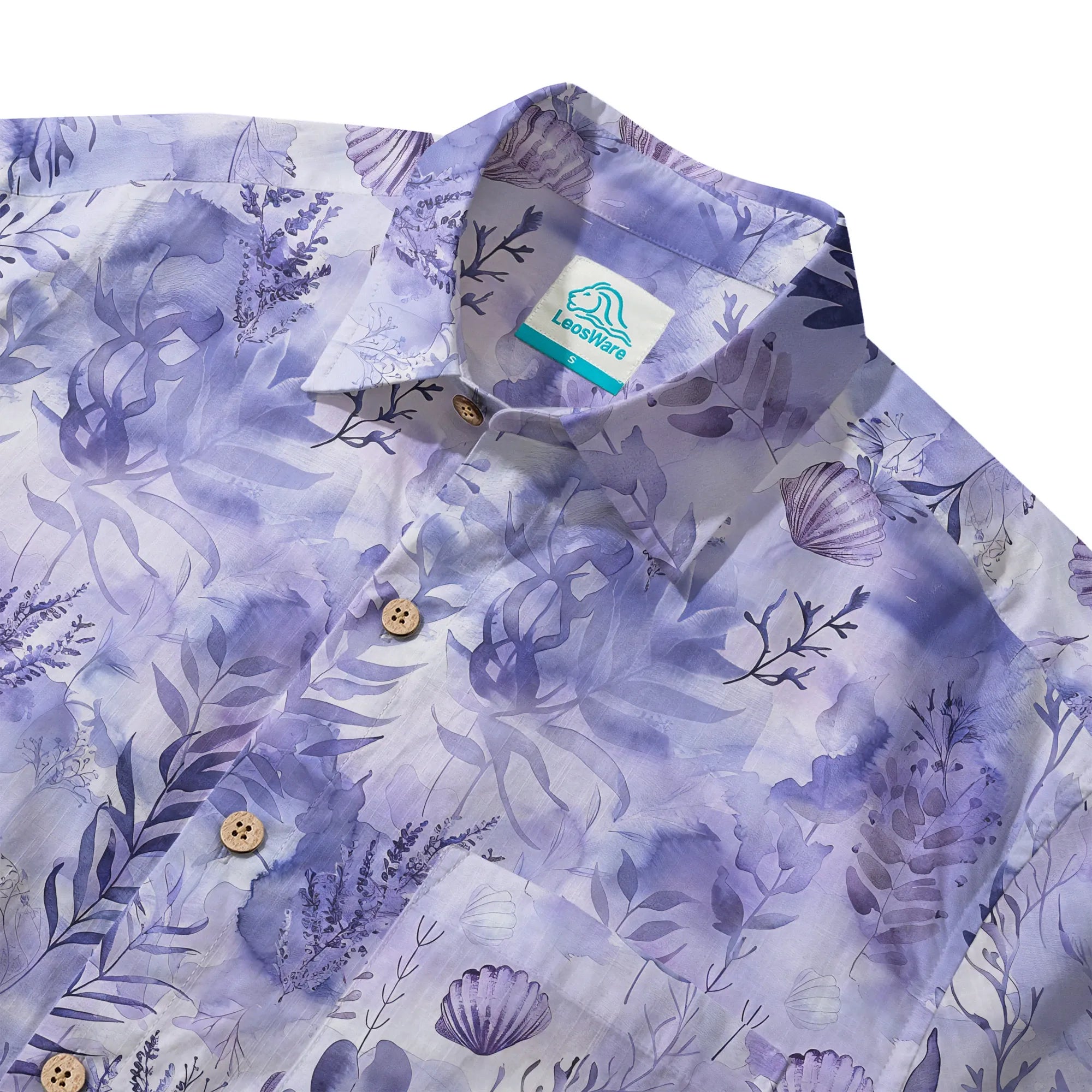 LeosWare® Men's Hawaiian Shirt Short Sleeve Button-up 100% Cotton Purple Aloha Purple Mist Seaweed By Ann
