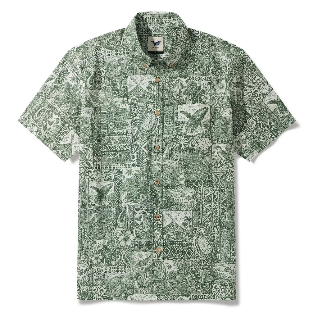 Men's Hawaiian Shirt Short Sleeve Button-down 100% Cotton Green Aloha Tiki Isle Archive - Sage green By Cigar