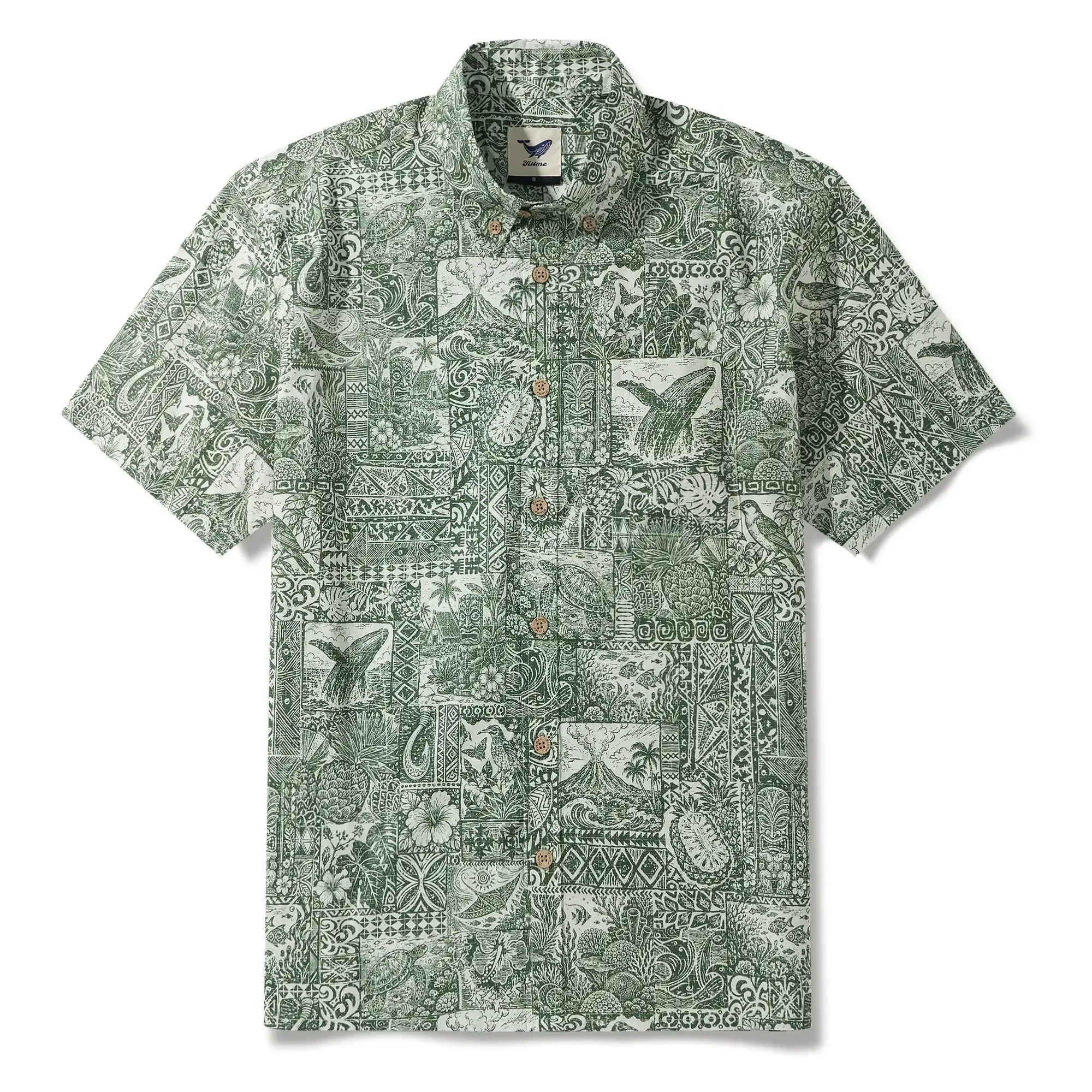 Men's Hawaiian Shirt Short Sleeve Button-down 100% Cotton Green Aloha Tiki Isle Archive - Sage green By Cigar