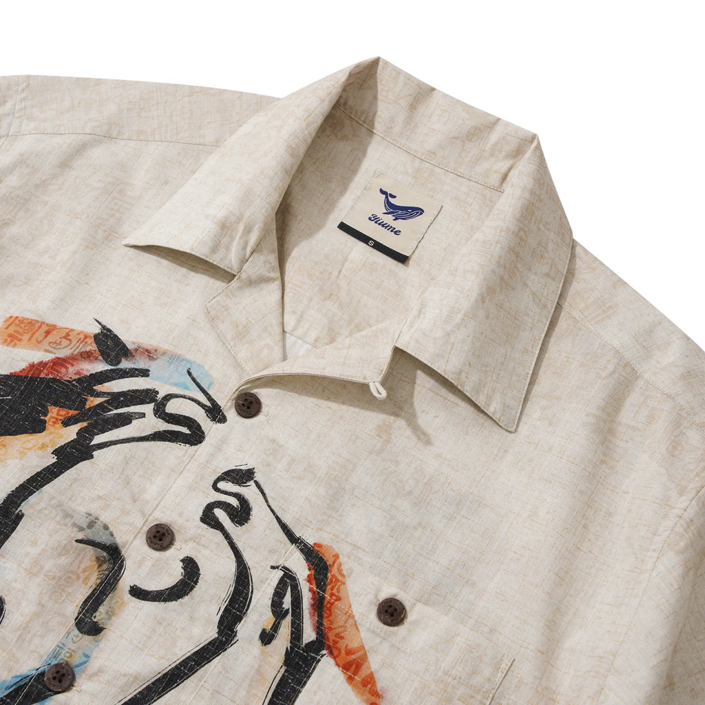 Men's Hawaiian Shirt Short Sleeve Camp Collar 100% Cotton Beige Aloha Horse Fortunate Gallop Year of the Horse 2026 By Huan huan