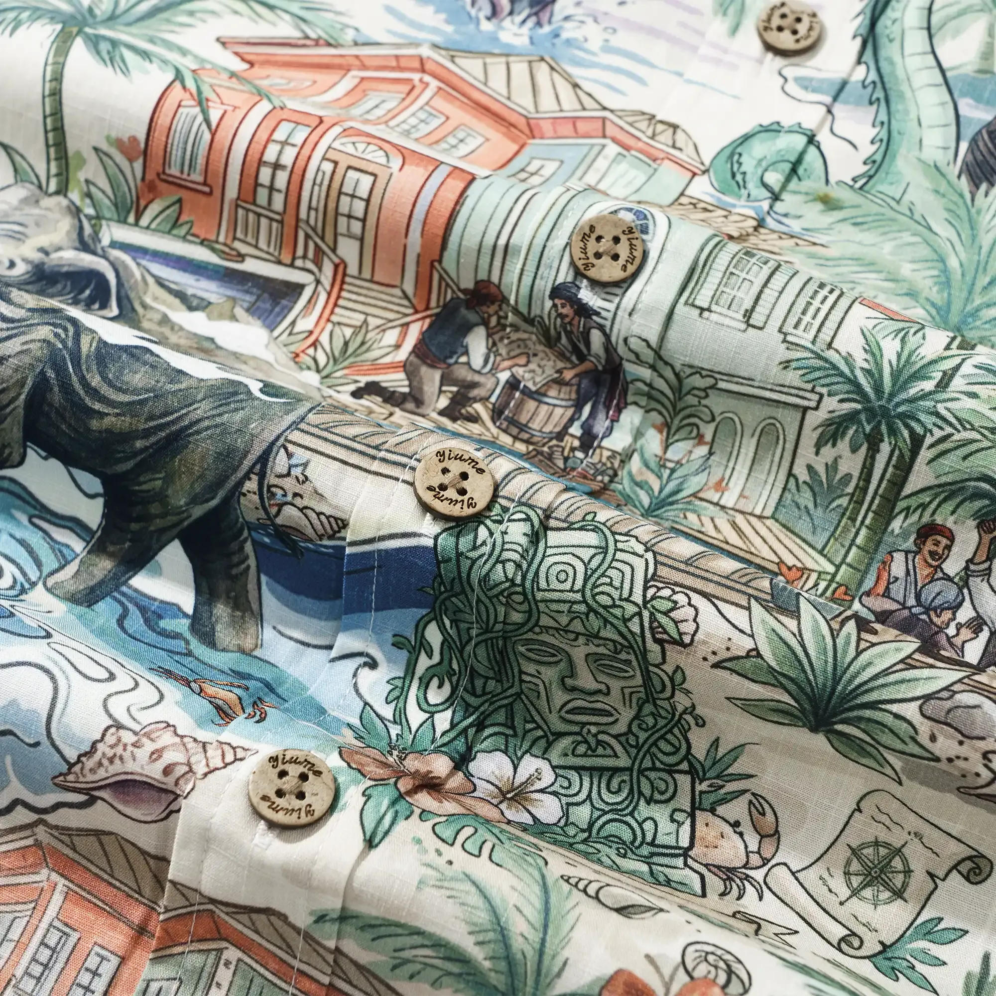 Men's Hawaiian Shirt Short Sleeve Button-down 100% Cotton Green Aloha Hidden Paradise By Huan huan