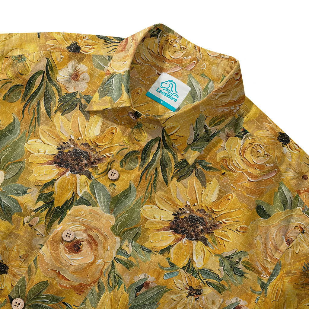 LeosWare® Men's Hawaiian Shirt Short Sleeve Button-up 100% Cotton Yellow Aloha Golden Sunflower Warmth By Ann