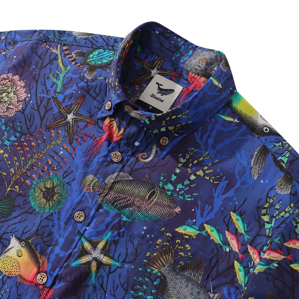 Deep Blue Hawaiian Shirt For Men Underwater World Short Sleeve Button-down Cotton Shirt By Seven