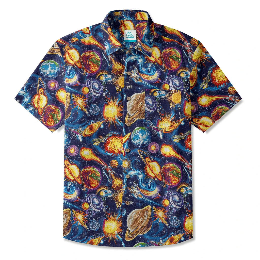 LeosWare® Men's Hawaiian Shirt Short Sleeve Button-up 100% Cotton Blue Aloha Journey Across The Stars By Ann