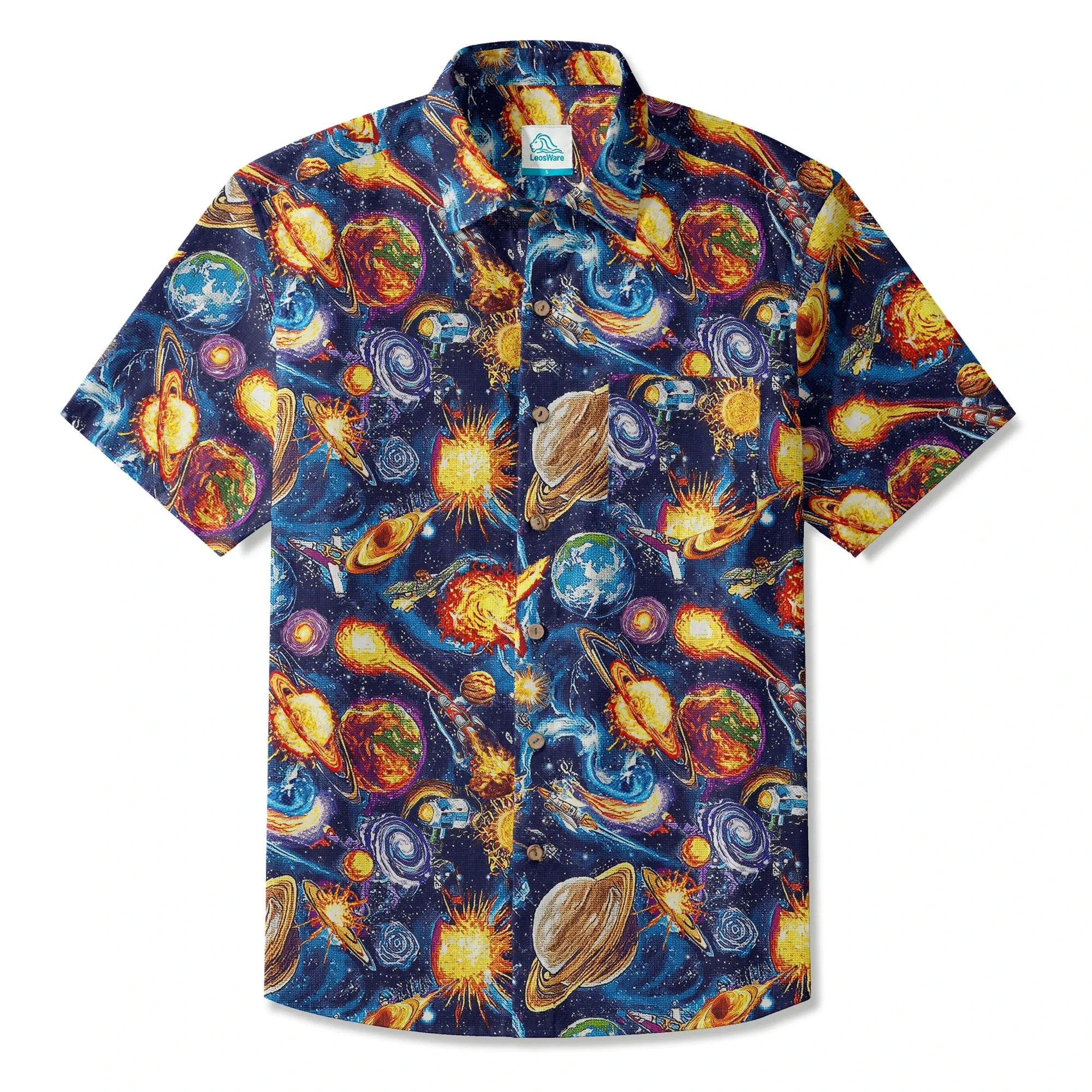 LeosWare® Men's Hawaiian Shirt Short Sleeve Button-up 100% Cotton Blue Aloha Journey Across The Stars By Ann