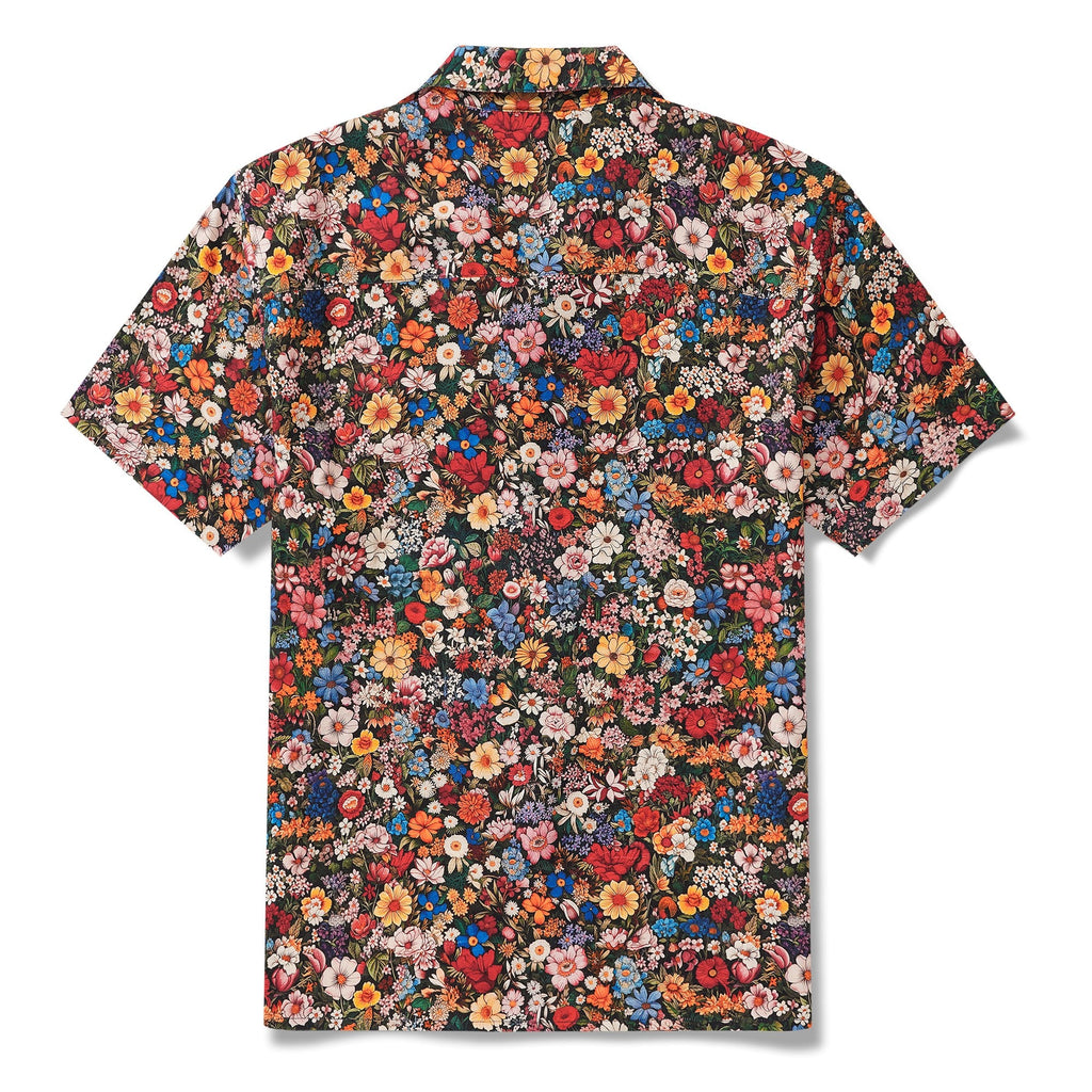 100% Silk Men's Hawaiian Shirt Short Sleeve Camp Collar 100% Silk Blue Aloha Among The Flowers By Yakima