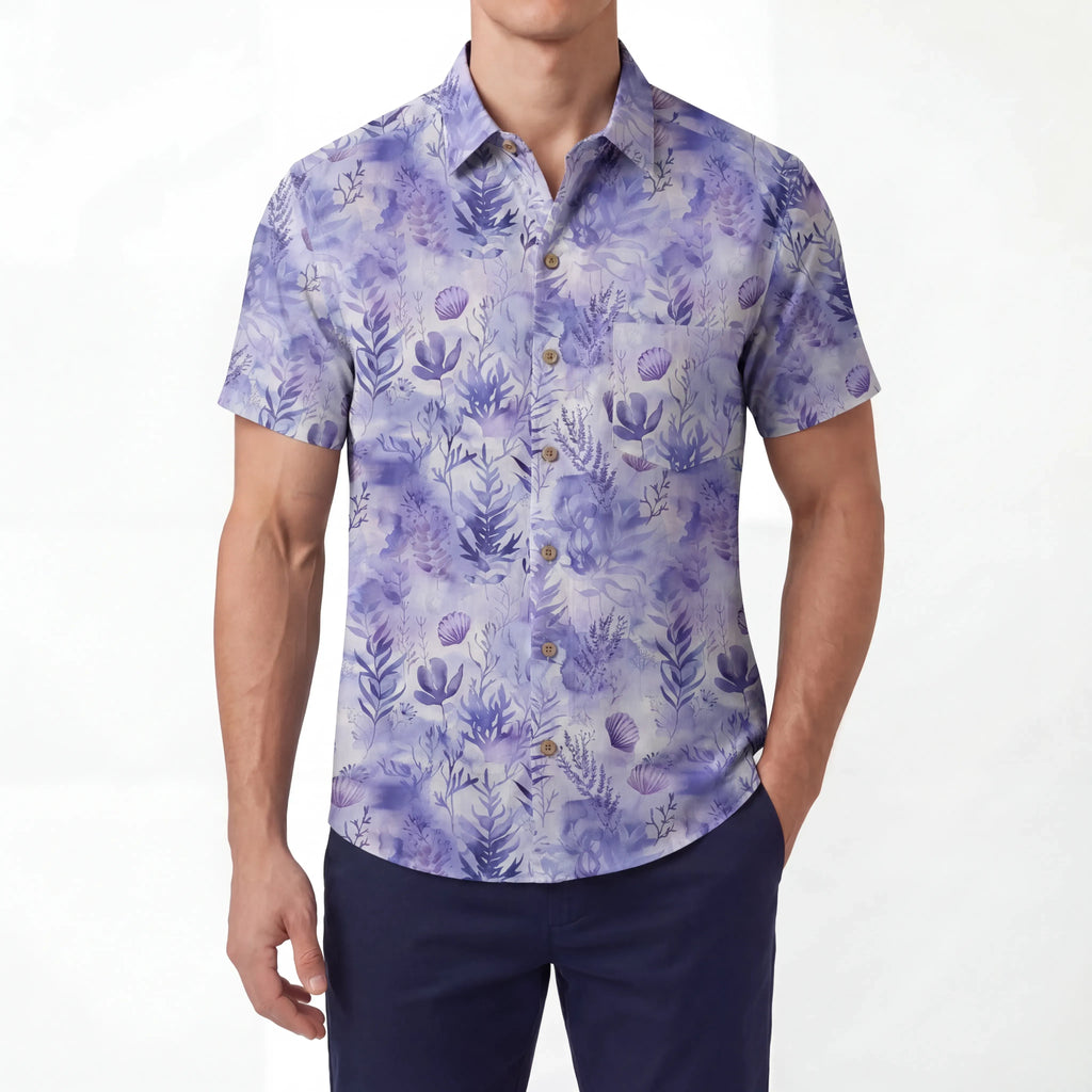 LeosWare® Men's Hawaiian Shirt Short Sleeve Button-up 100% Cotton Purple Aloha Purple Mist Seaweed By Ann